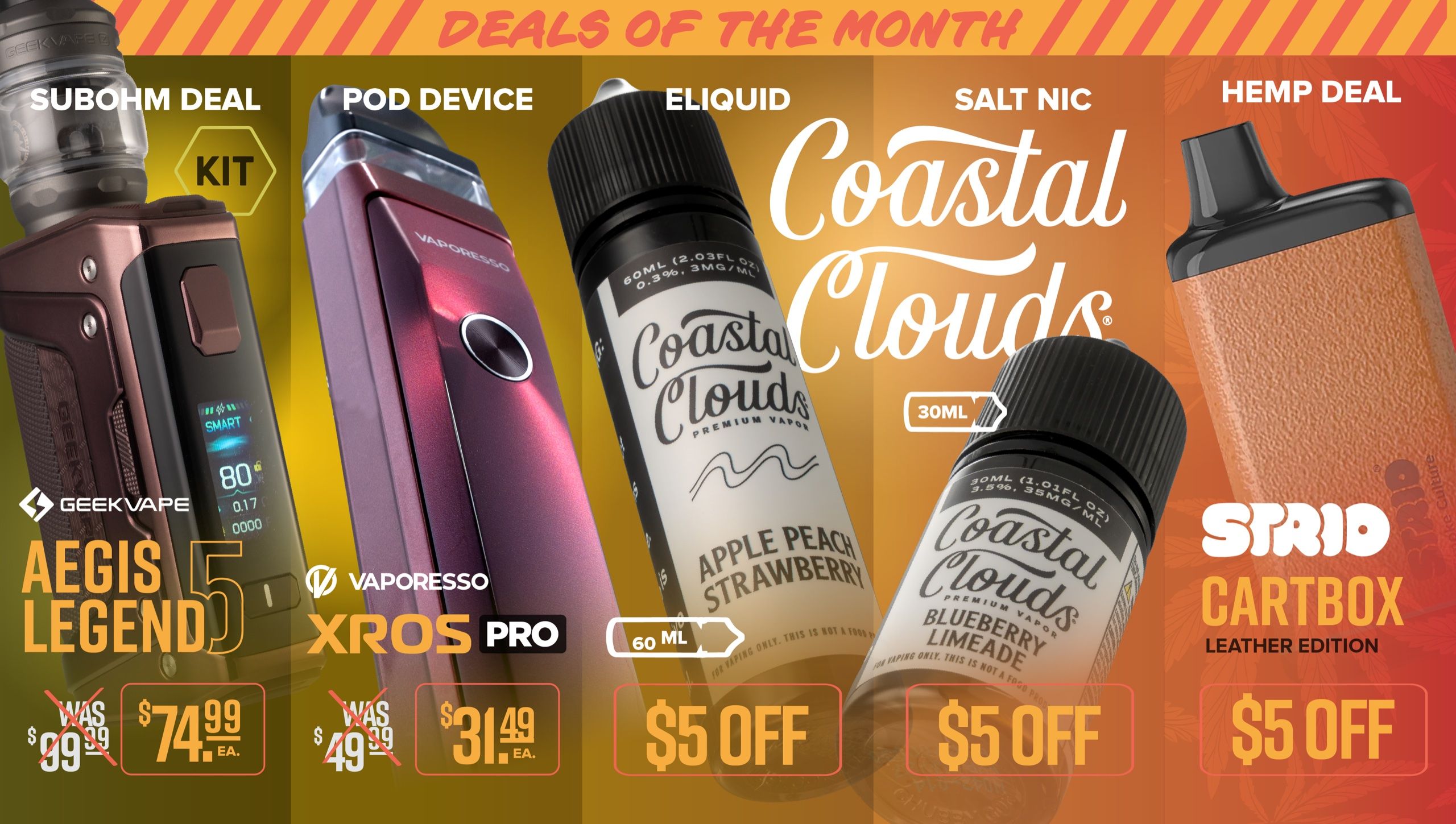 Deals-of-the-month slide — Coastal Clouds and house offers in an orange promo grid