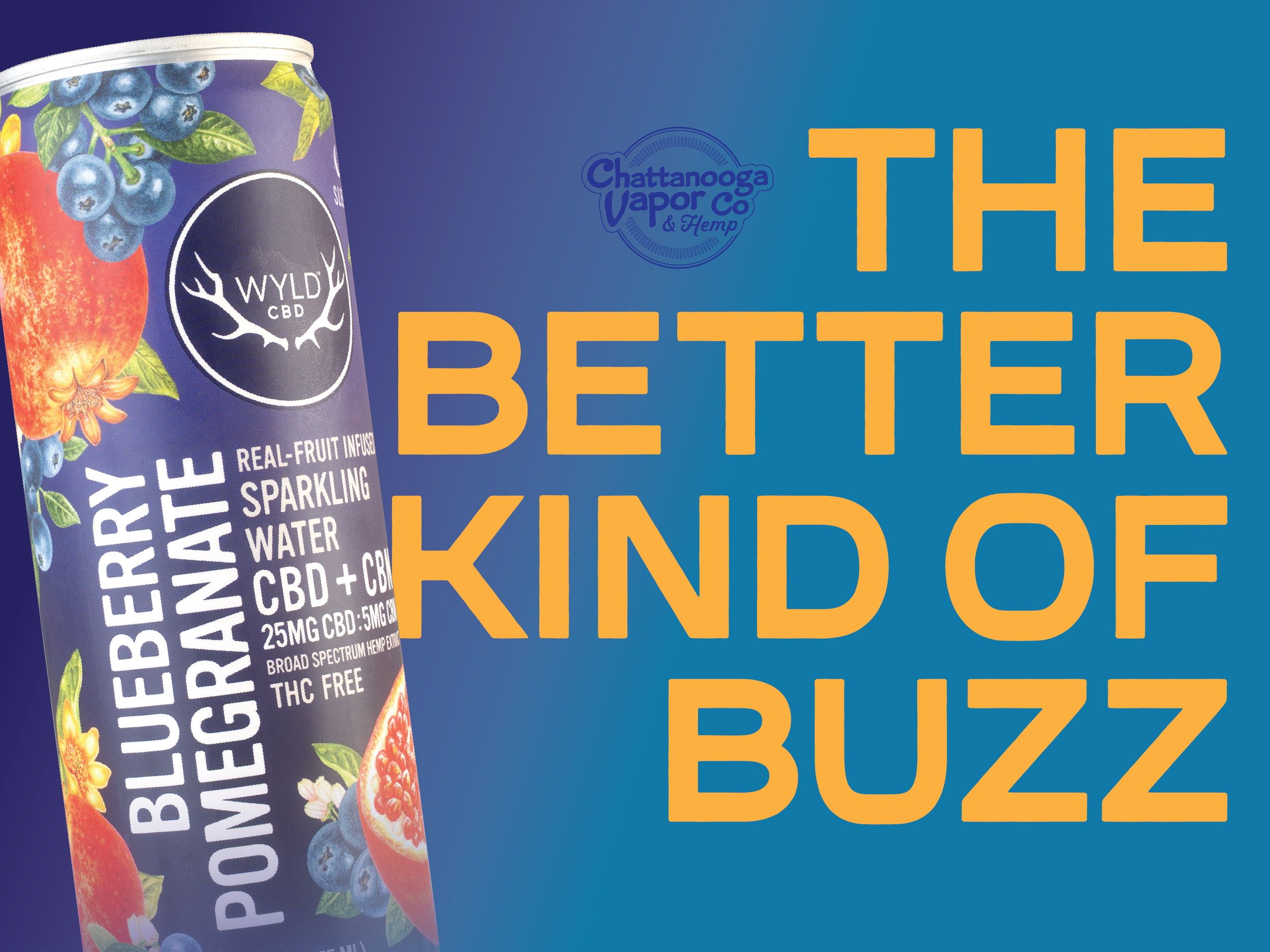 In-store screen — “The better kind of buzz” beside a Wyld blueberry pomegranate sparkling water can on blue.