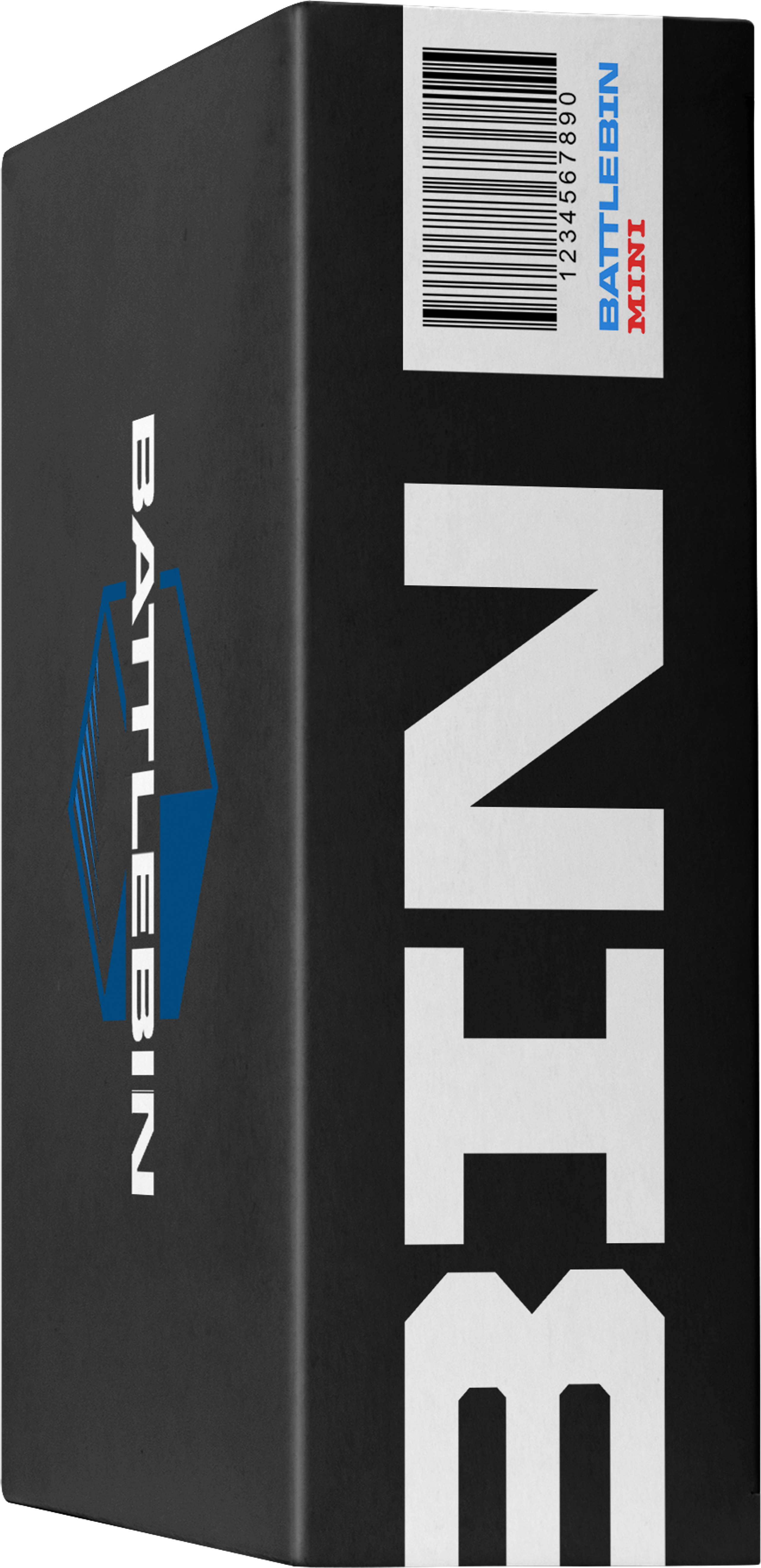 A black BattleBin Mini retail box shown at an angle, logo on the face and a barcode panel down the side.