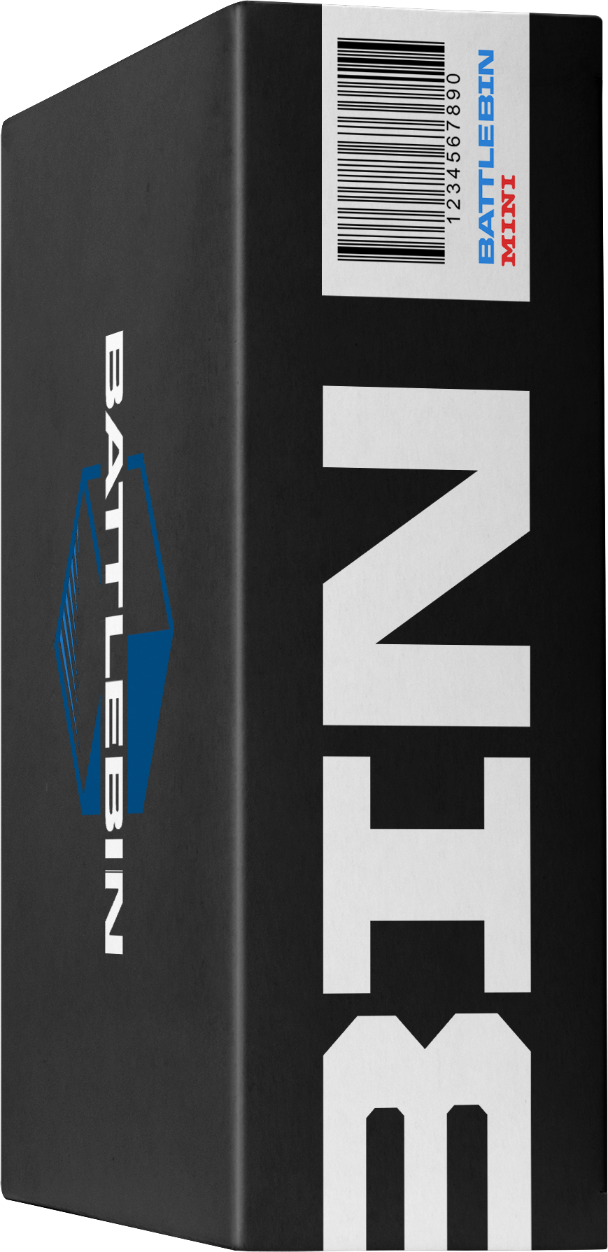 A black BattleBin Mini retail box shown at an angle, logo on the face and a barcode panel down the side.