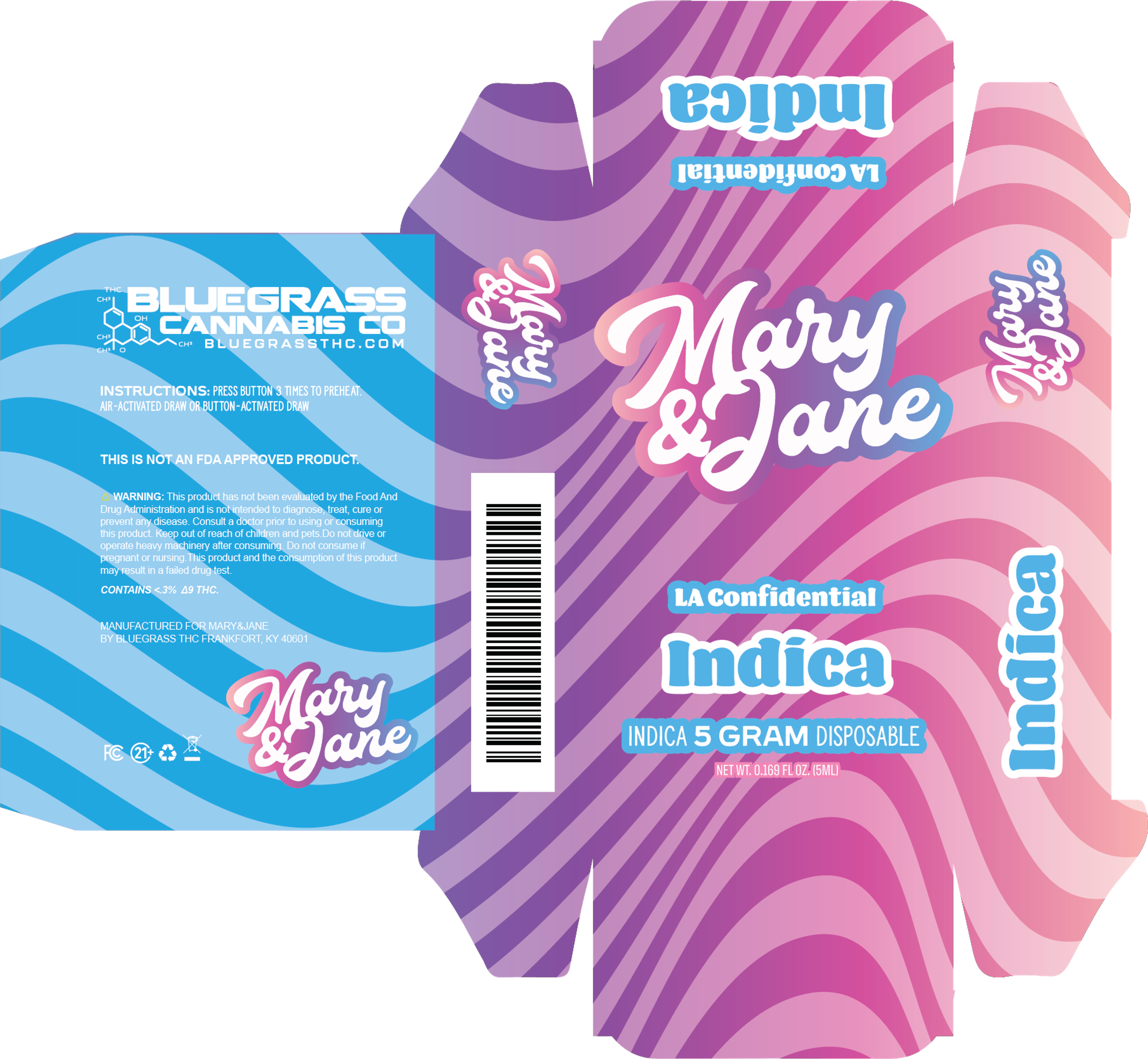 Mary & Jane five-gram disposable carton dieline, LA Confidential indica — script logo over blue and pink wave bands.