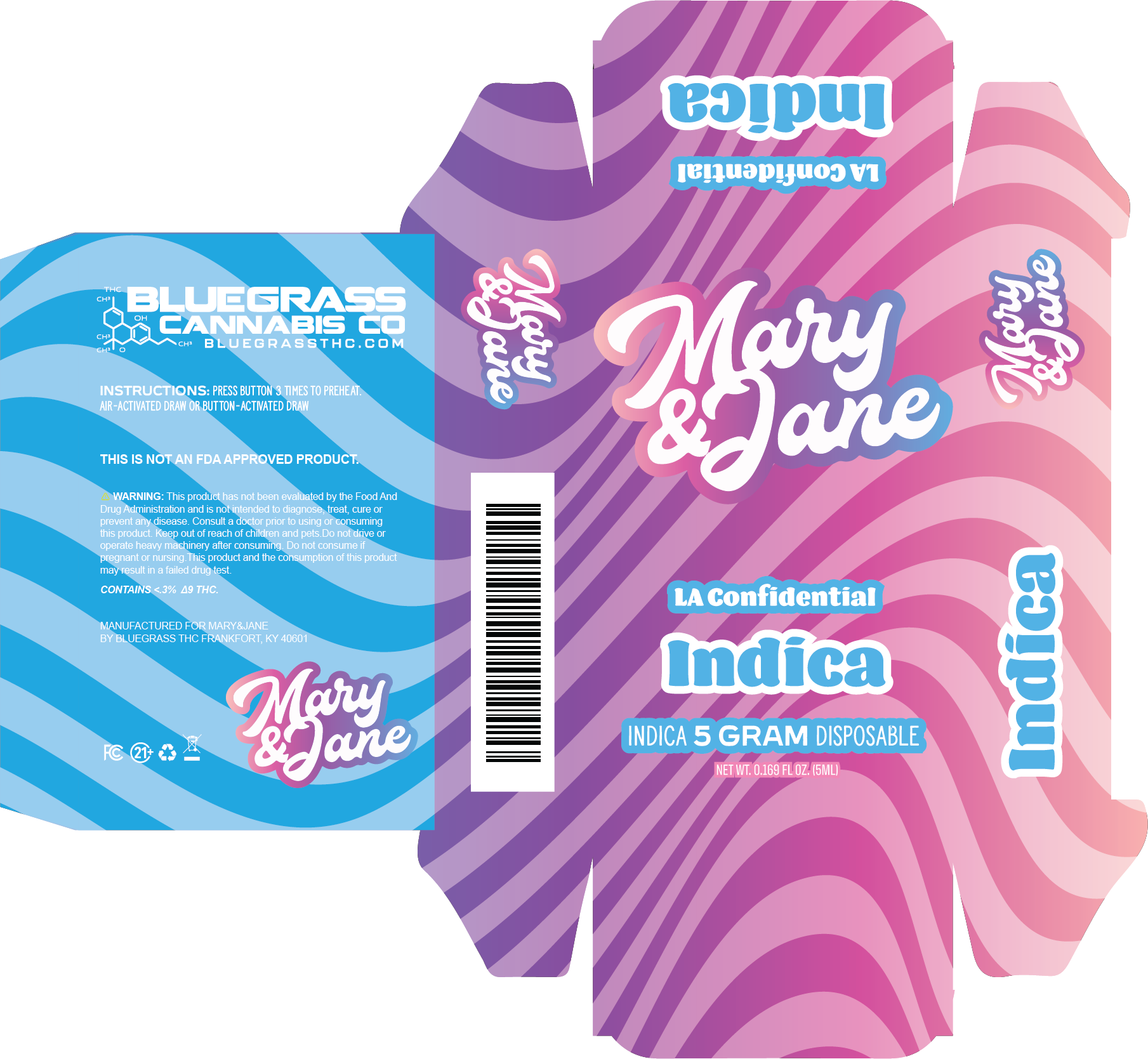 Mary & Jane five-gram disposable carton dieline, LA Confidential indica — script logo over blue and pink wave bands.