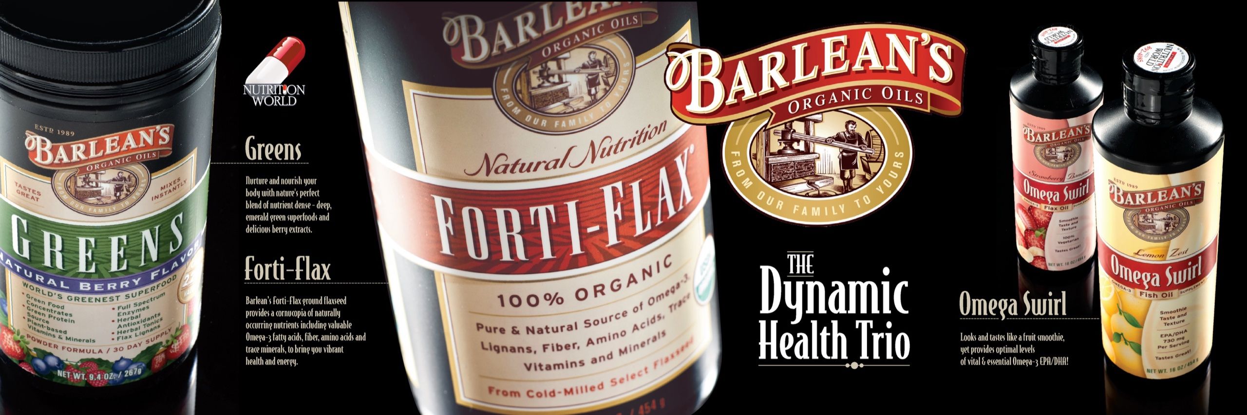 Nutrition World × Barlean's Dynamic Health Trio retail endcap header — product bottles on black.
