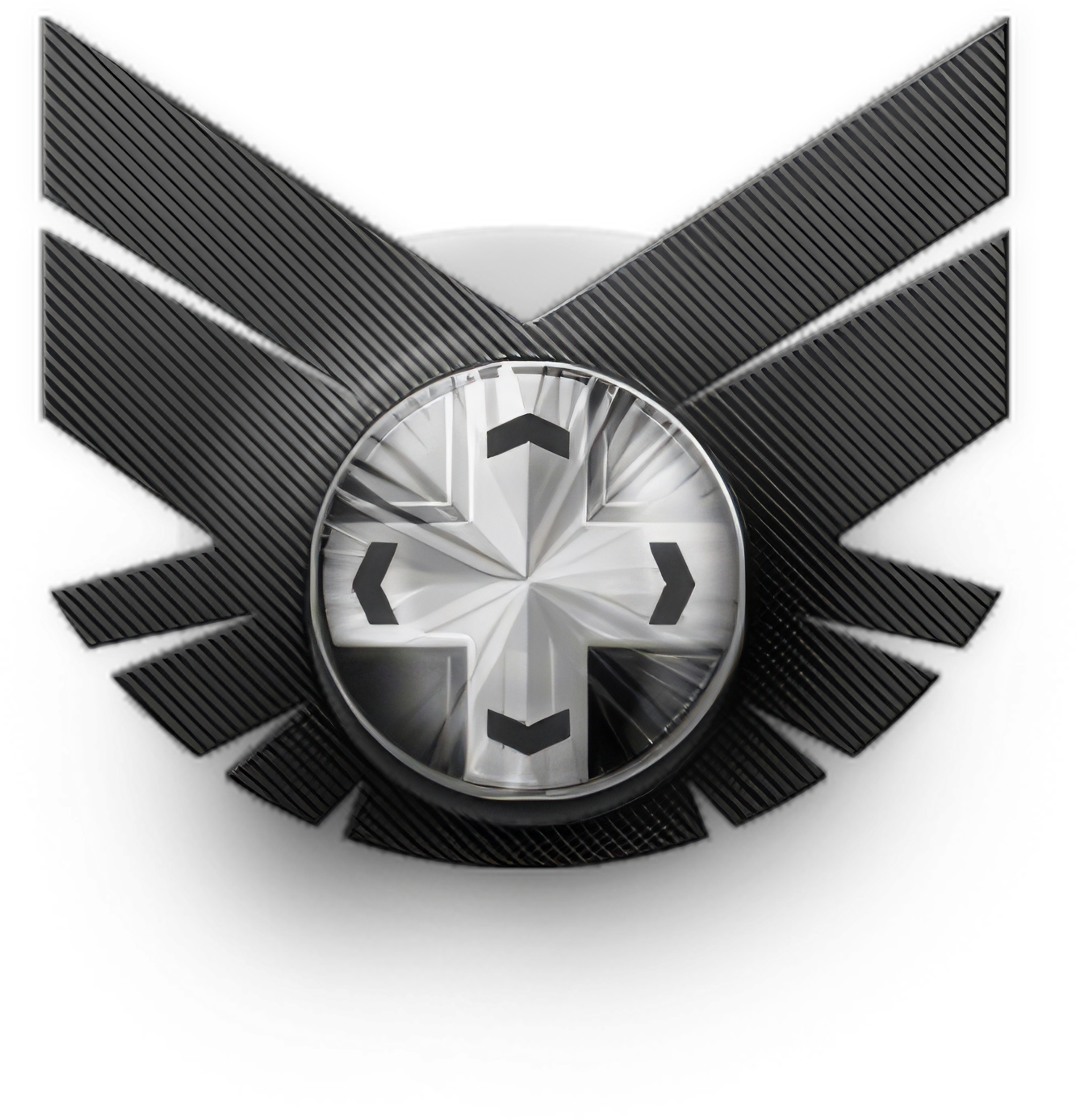 Iron Gaming chrome bug — a brushed metal winged emblem around a polished d-pad medallion.