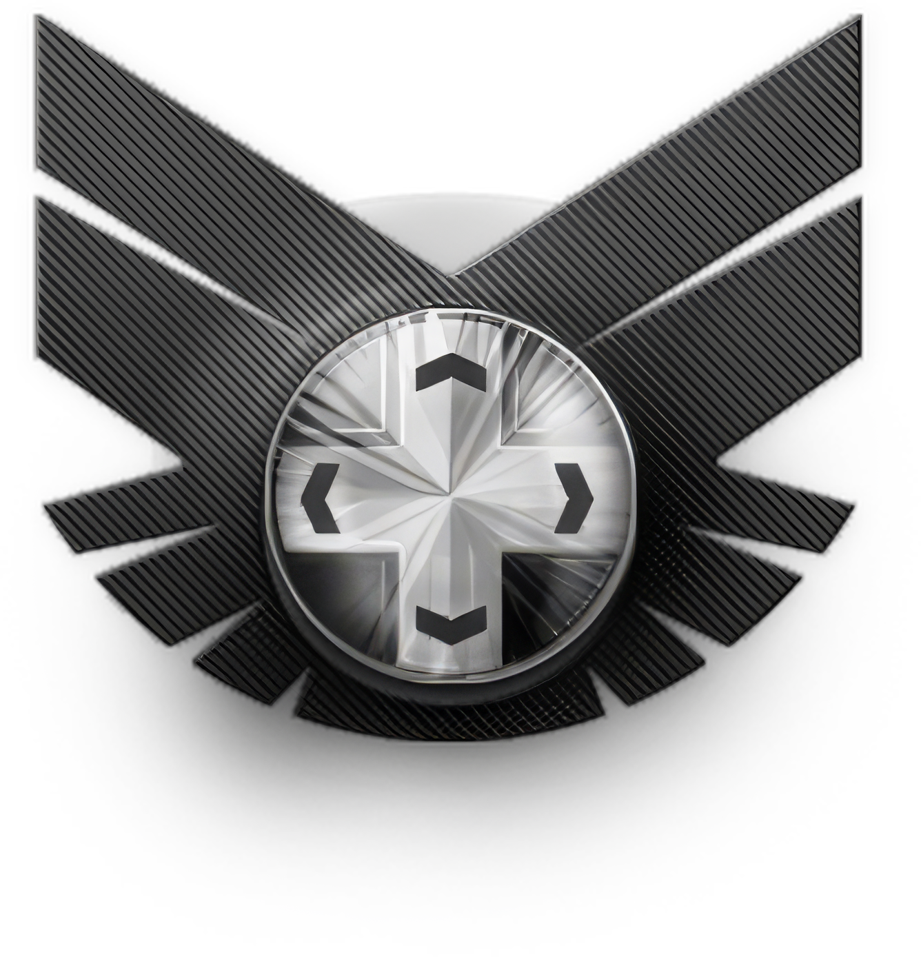 Iron Gaming chrome bug — a brushed metal winged emblem around a polished d-pad medallion.