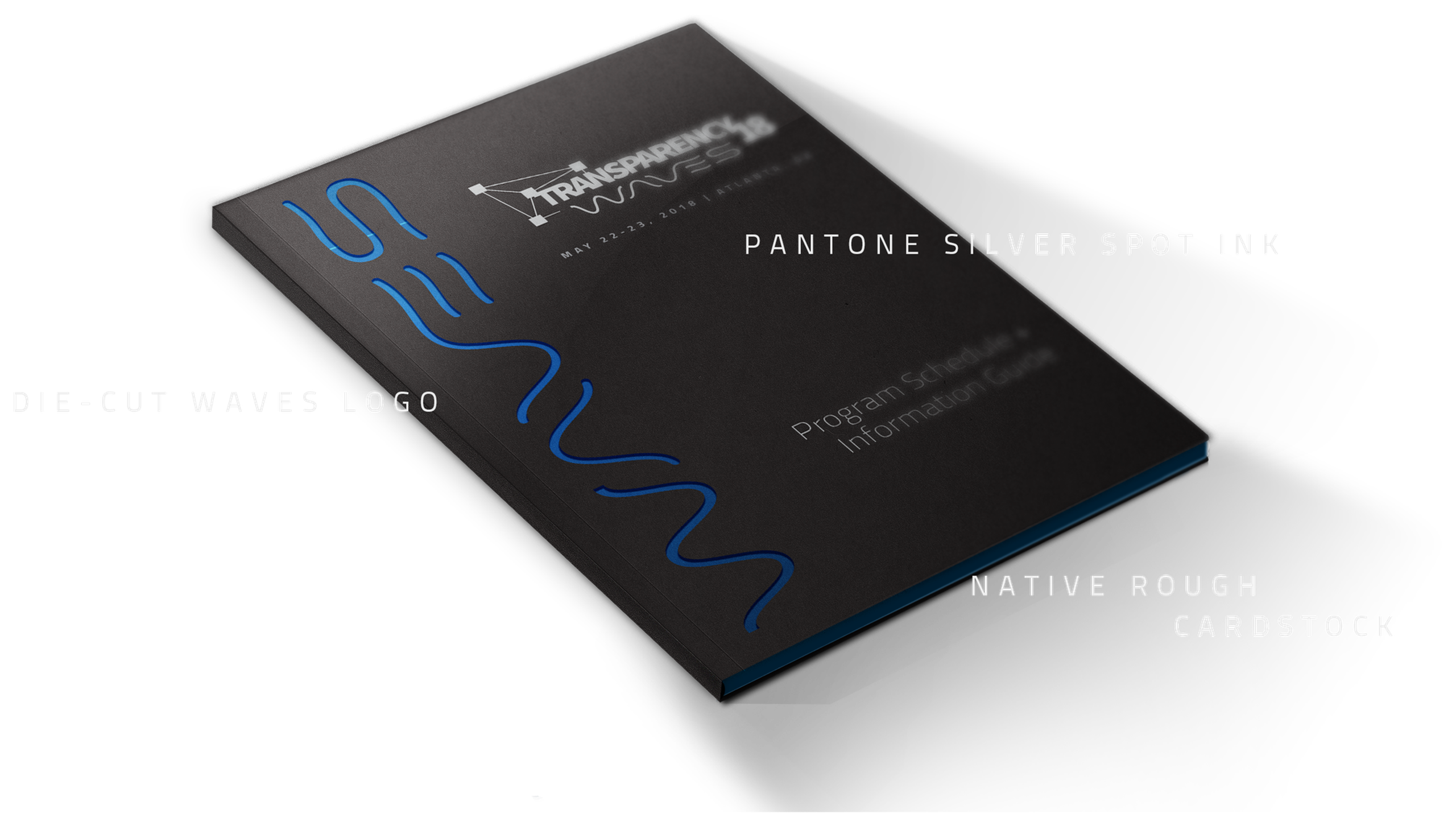 Transparency18 program guide, die-cut — annotated: silver spot ink, die-cut waves logo, rough cardstock