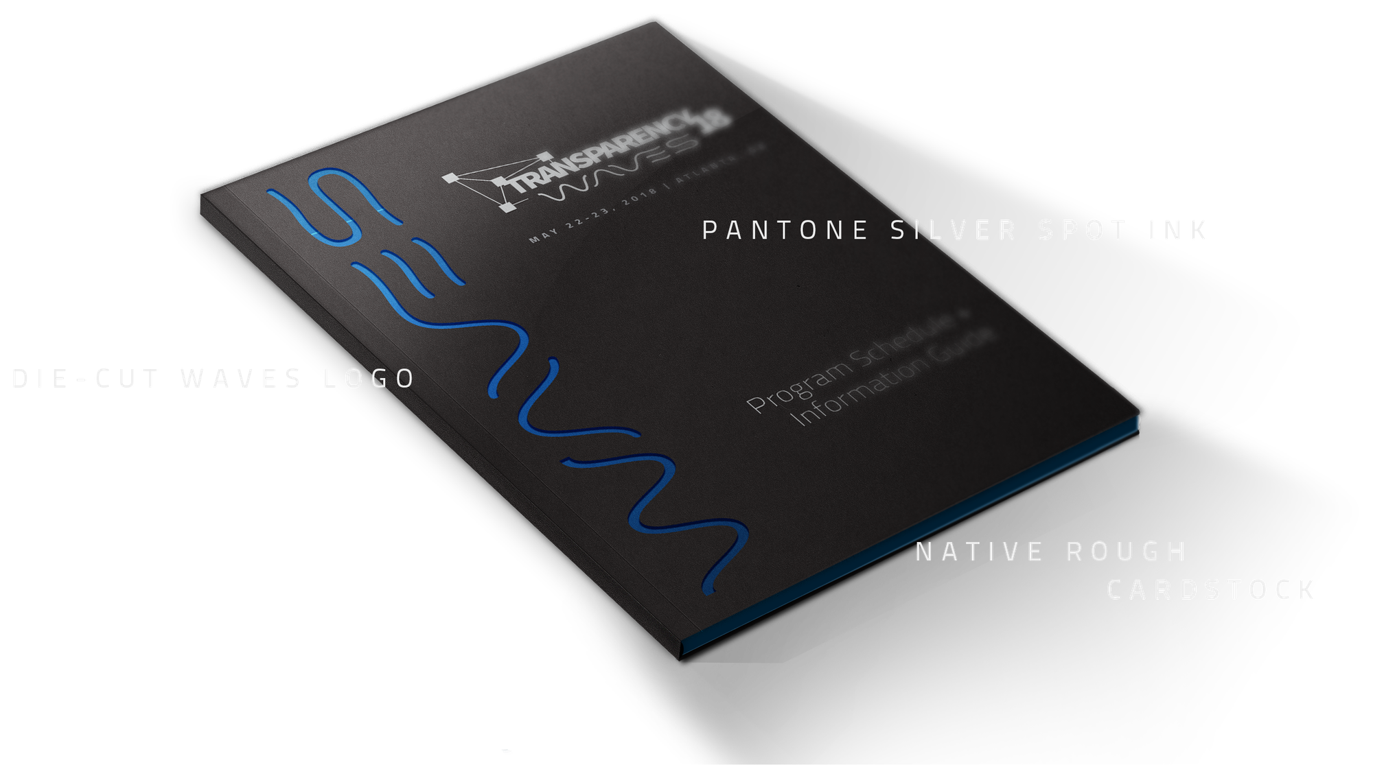 Transparency18 program guide, die-cut — annotated: silver spot ink, die-cut waves logo, rough cardstock