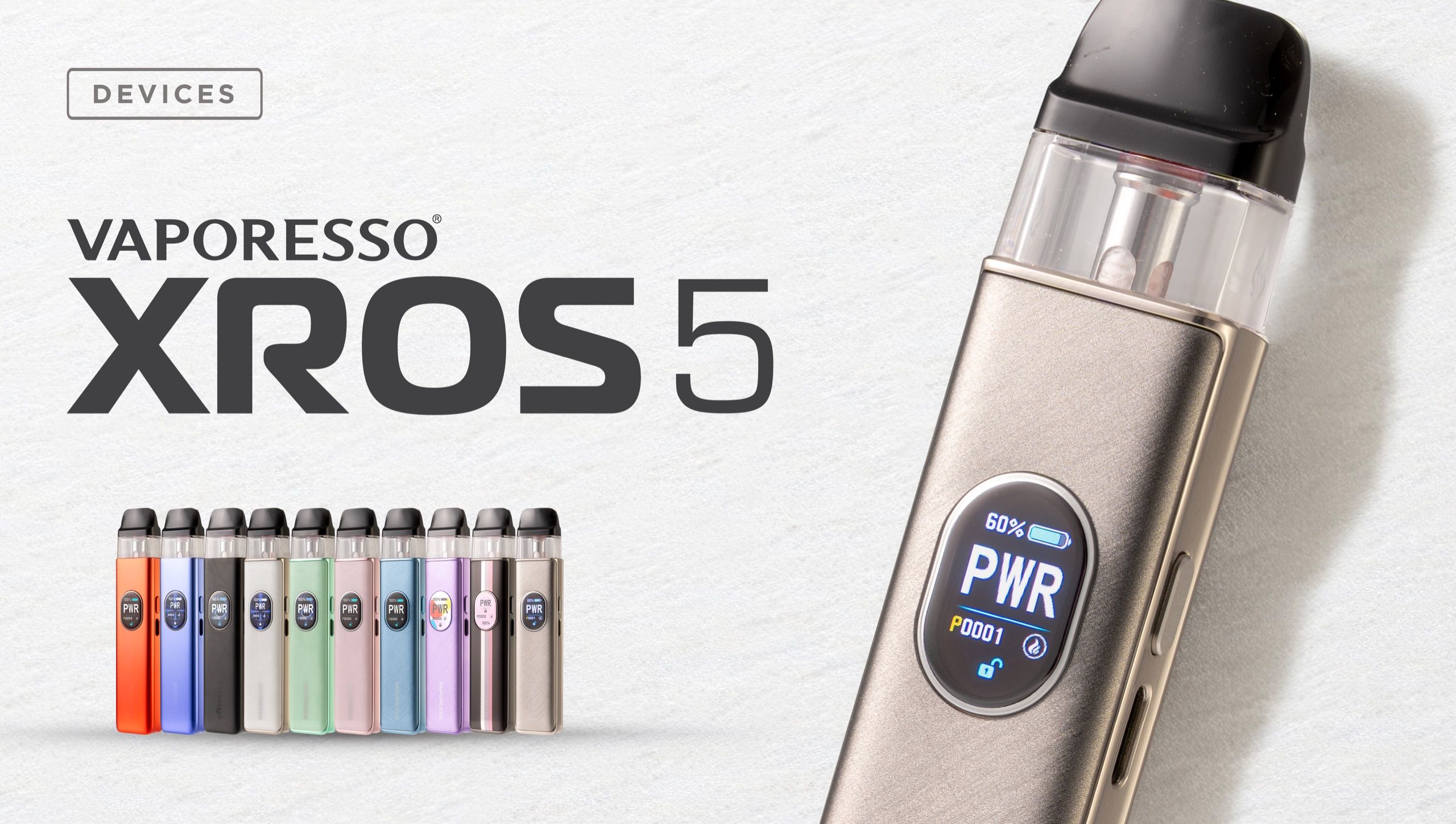 Vaporesso XROS 5 slide — pen lineup and close-up on white