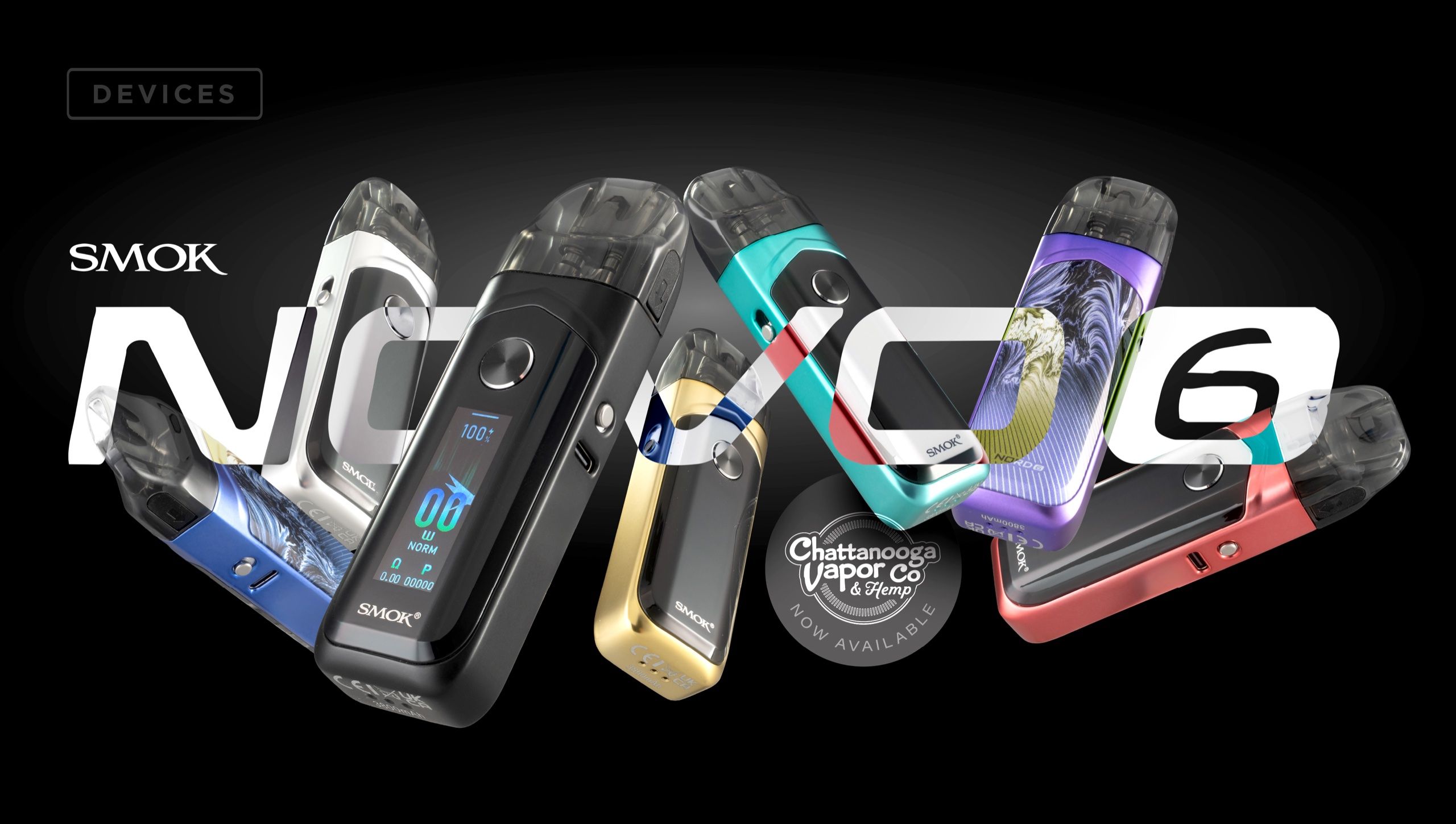SMOK Novo 6 slide — device colorways scattered across oversized type