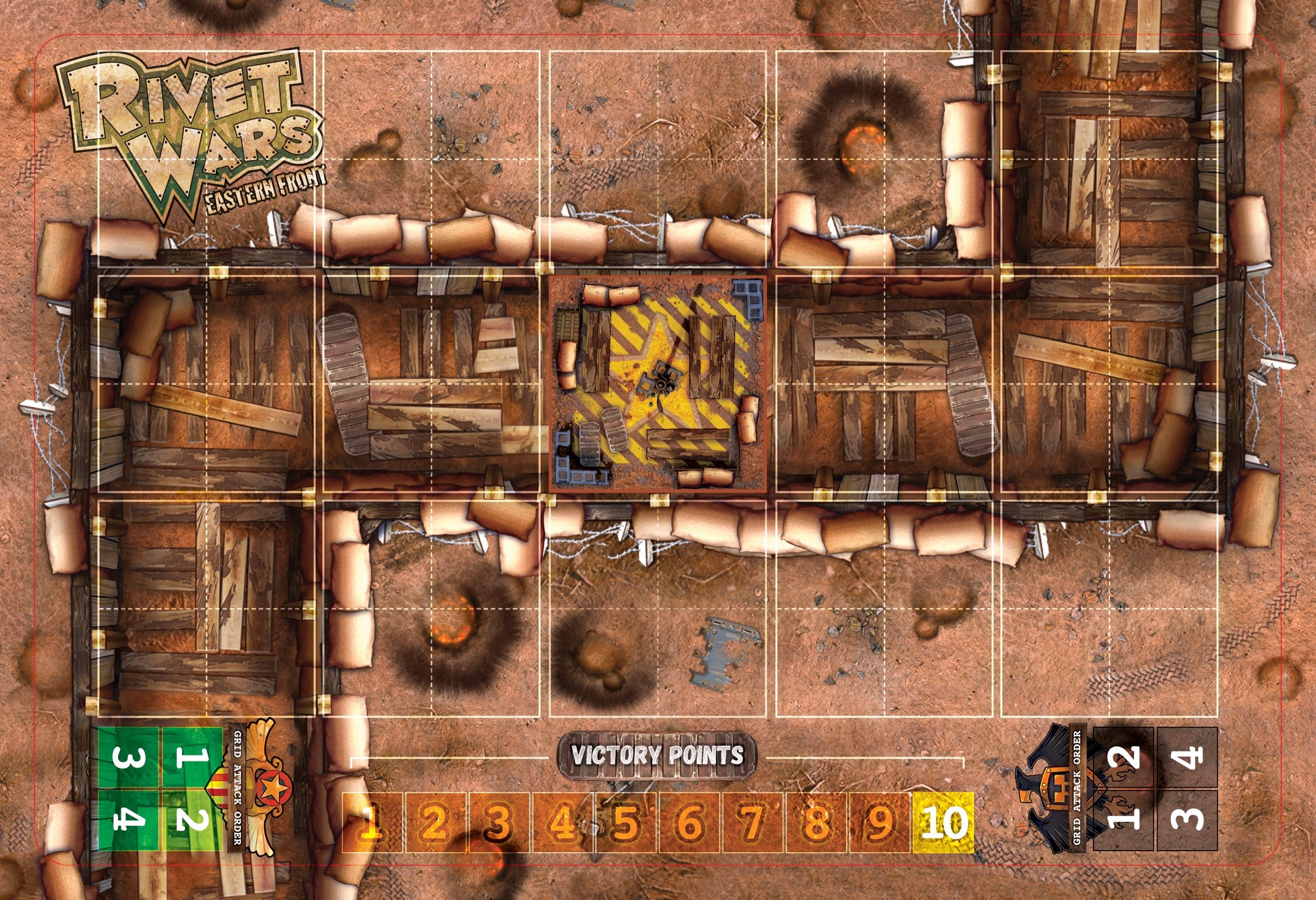 Rivet Wars: Eastern Front game mat — illustrated trench battlefield with victory point track