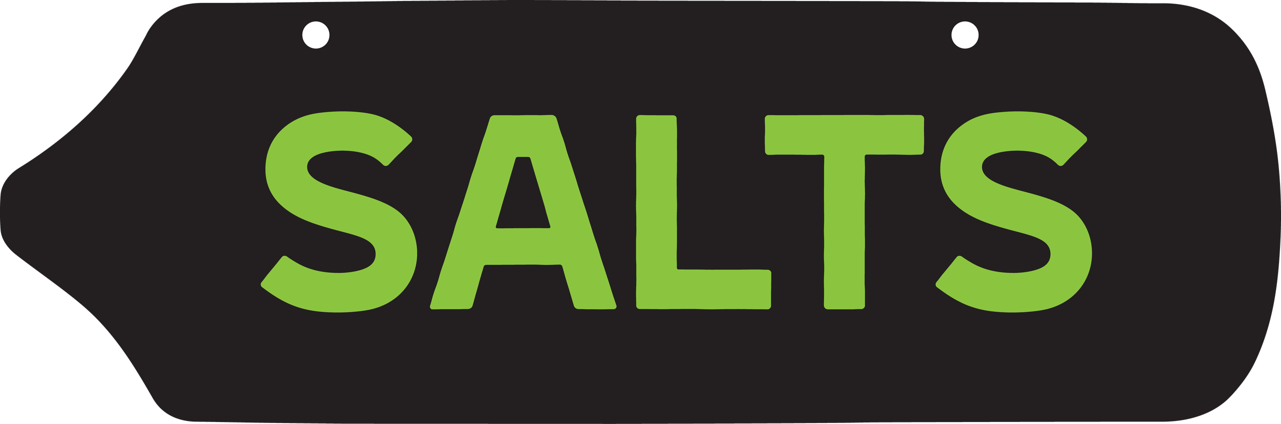 Salts shelf tag — green type on a long black die-cut tag.