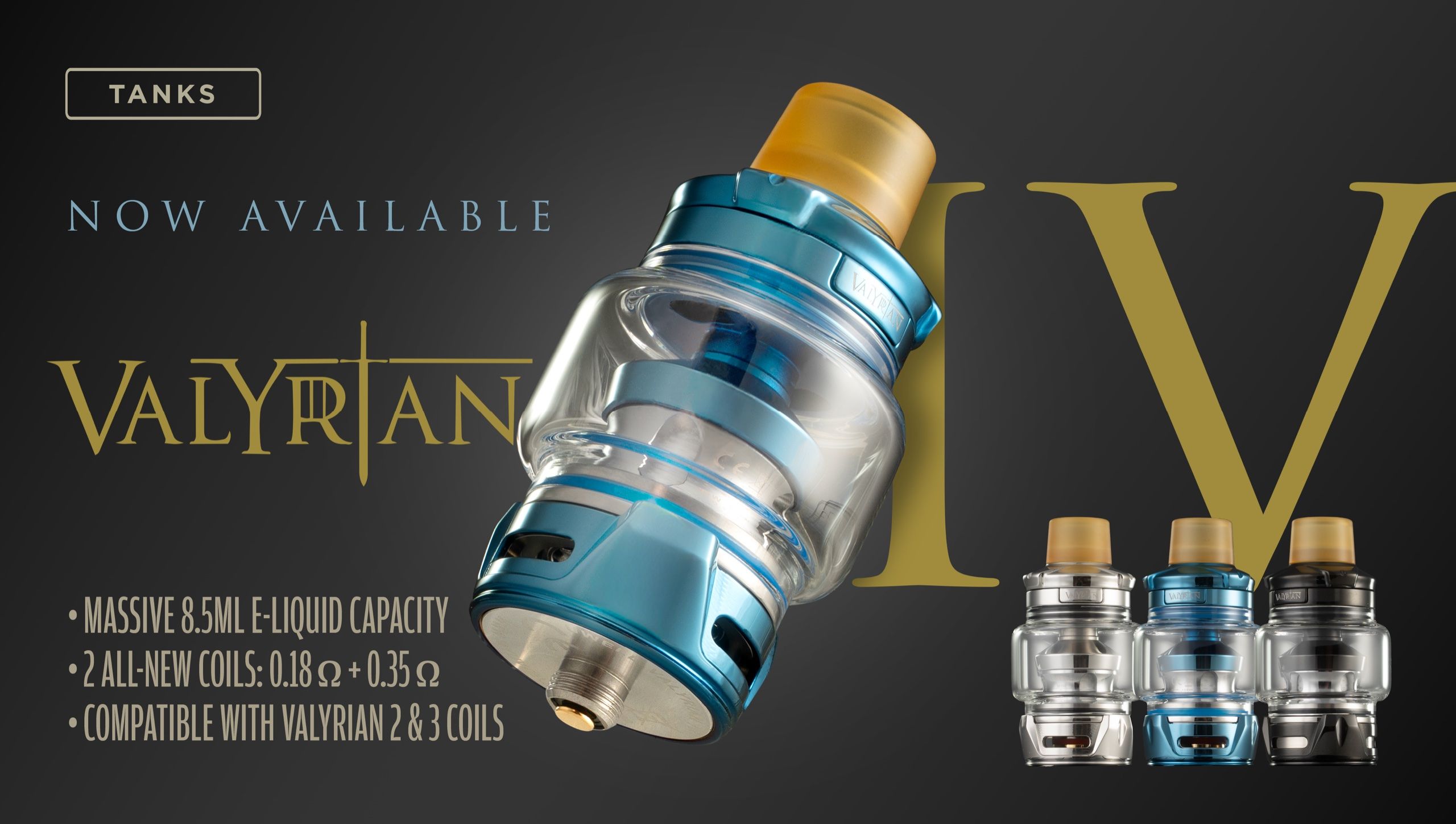 Valyrian IV slide — chrome tank and coil trio on black with gold numerals