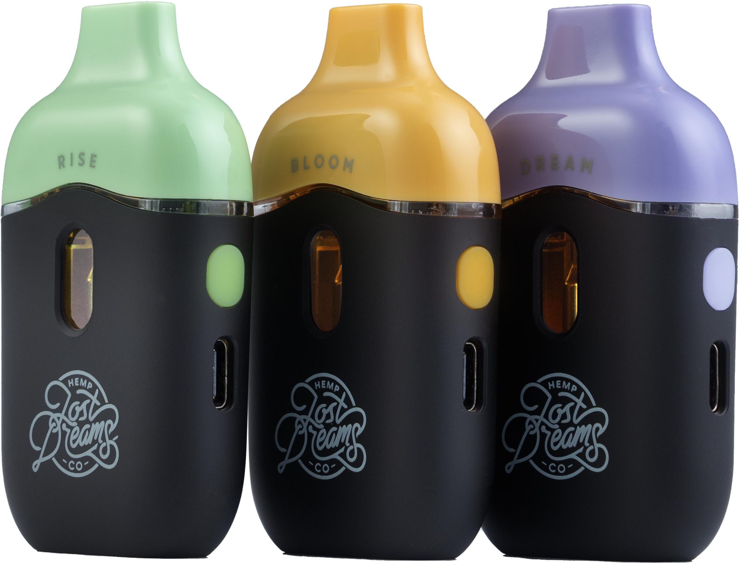 Three Lost Dreams hemp disposables — Rise in mint, Bloom in amber, Dream in violet — cut out side by side.