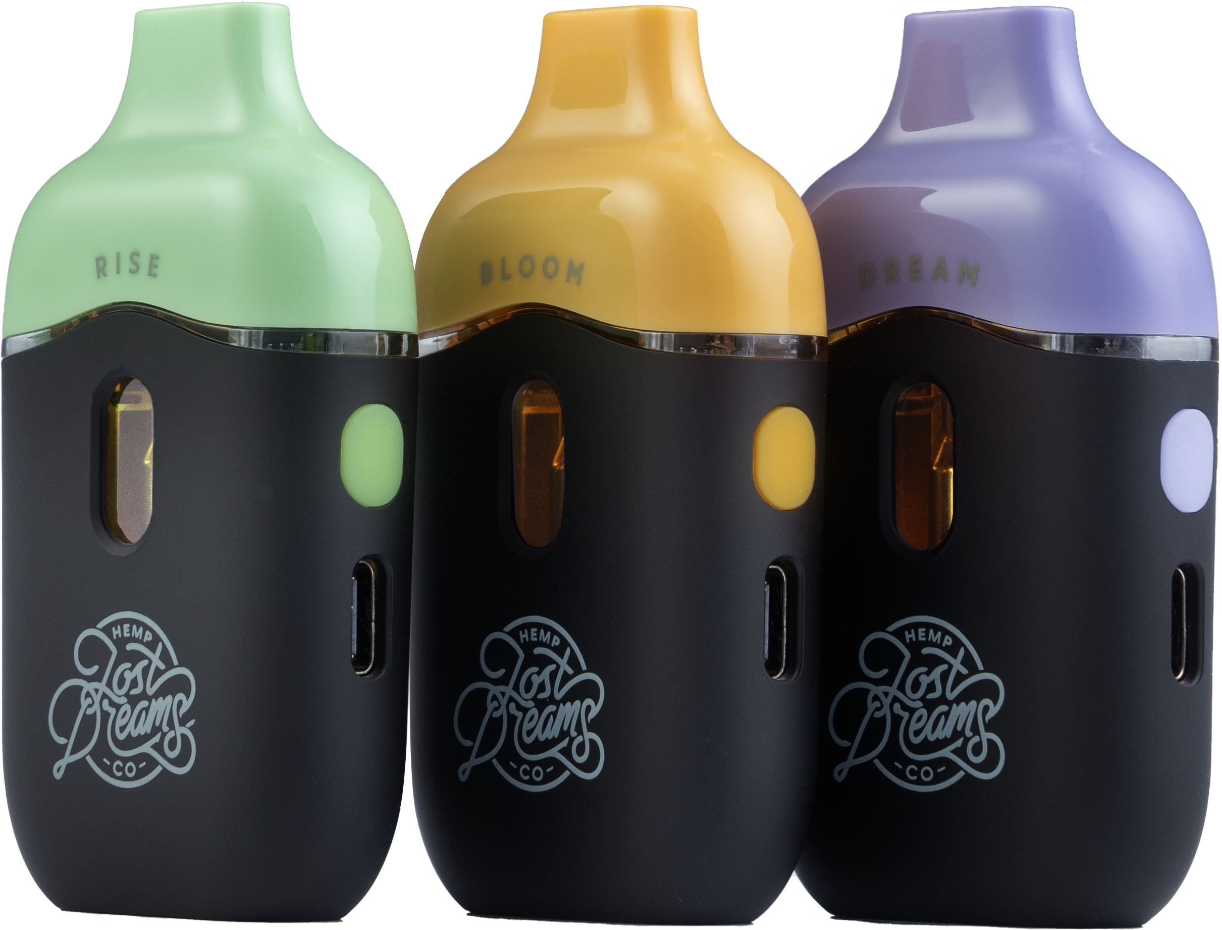Three Lost Dreams hemp disposables — Rise in mint, Bloom in amber, Dream in violet — cut out side by side.