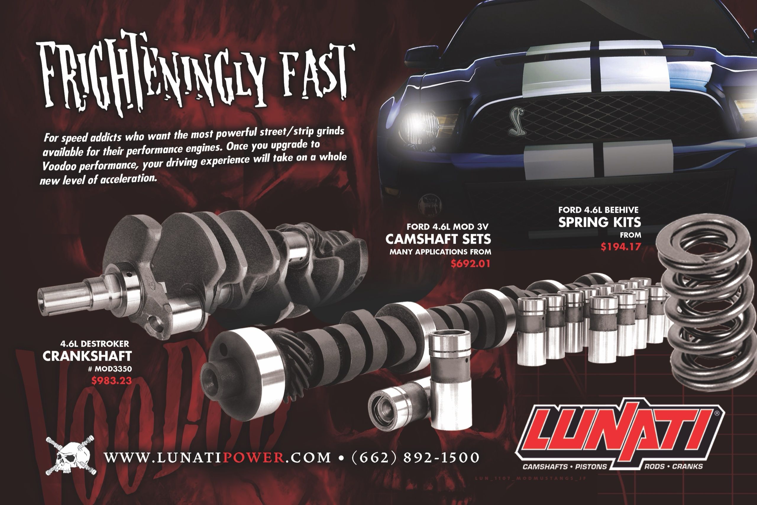 Lunati Voodoo half-page magazine ad — Frighteningly Fast, camshafts and a striped Shelby on black and red.