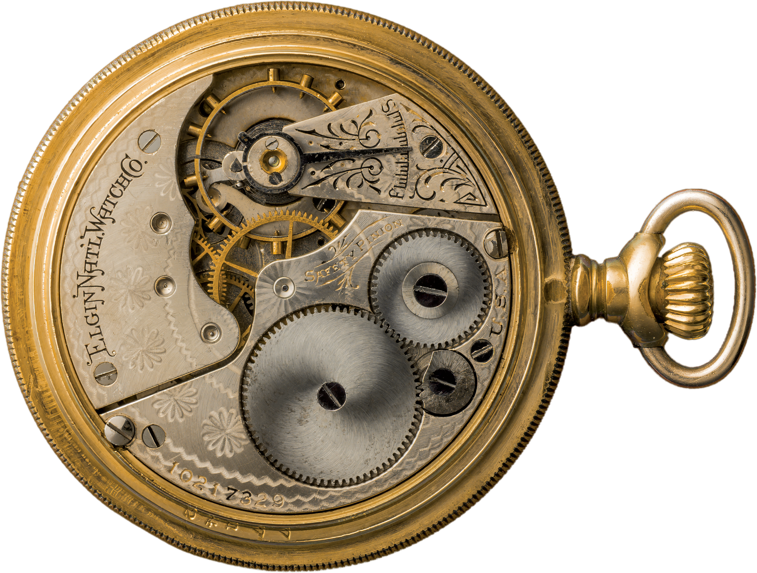 Open Elgin pocket watch showing its engraved movement and gears, die-cut from its background