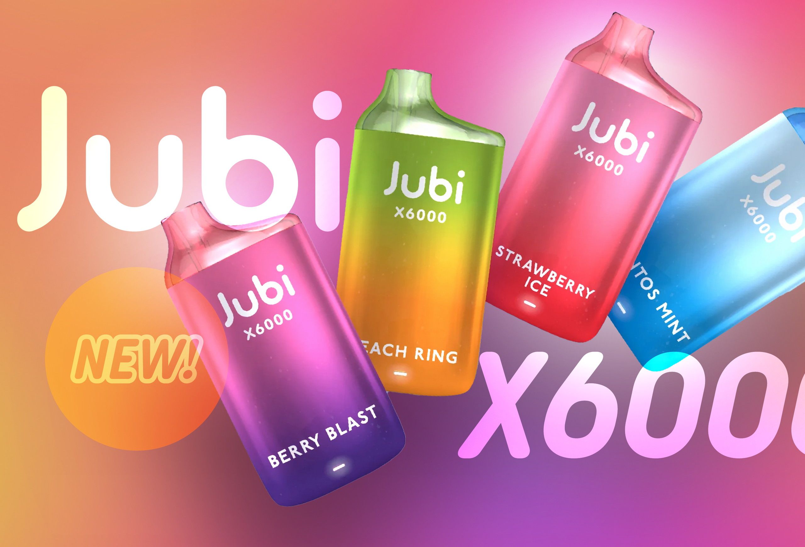 Four Jubi X6000 disposables — berry blast, peach ring, strawberry ice and mojitos mint — tumbling across an orange-to-violet gradient under the Jubi wordmark.