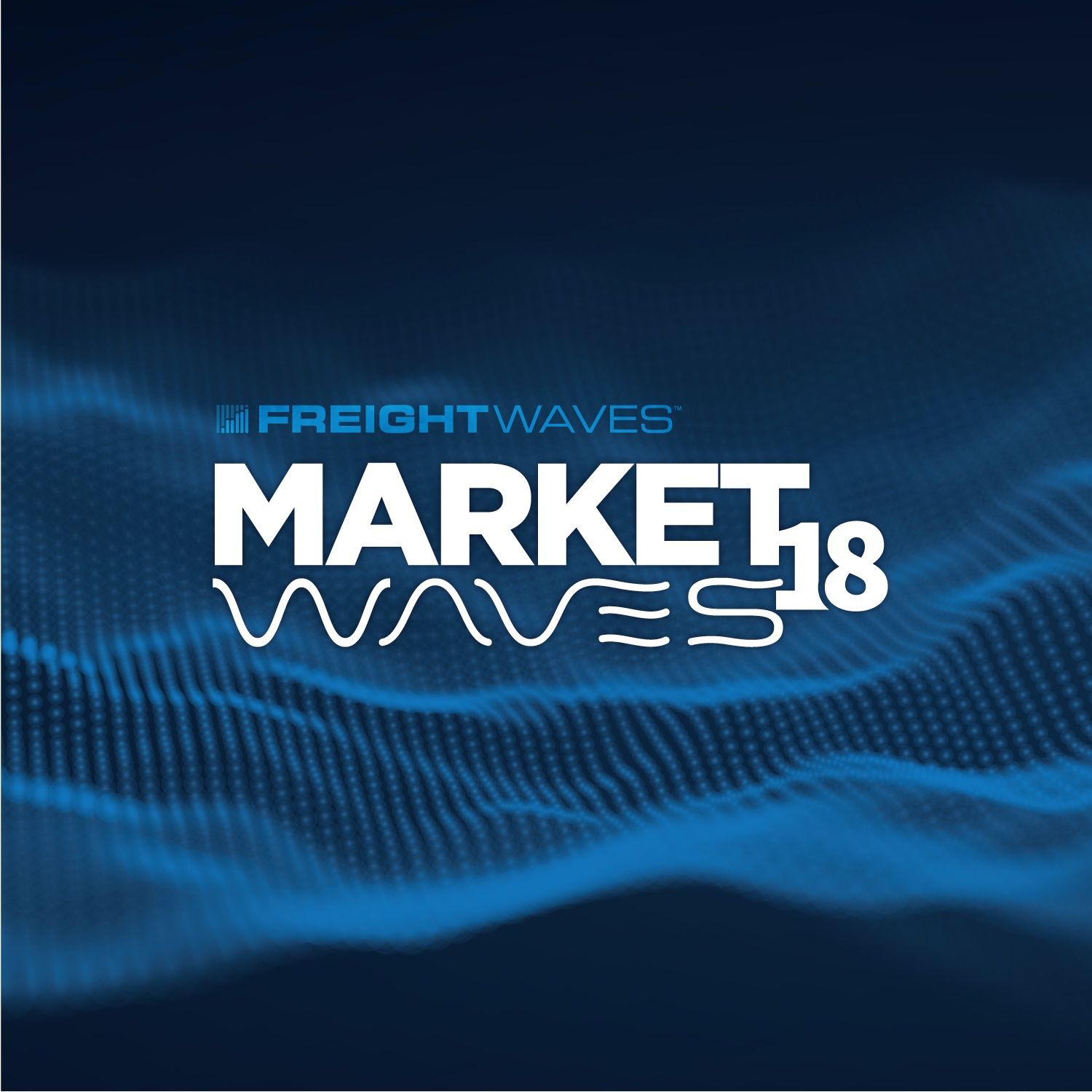 MarketWaves18 event mark — wave-drawn logotype over a blue particle field