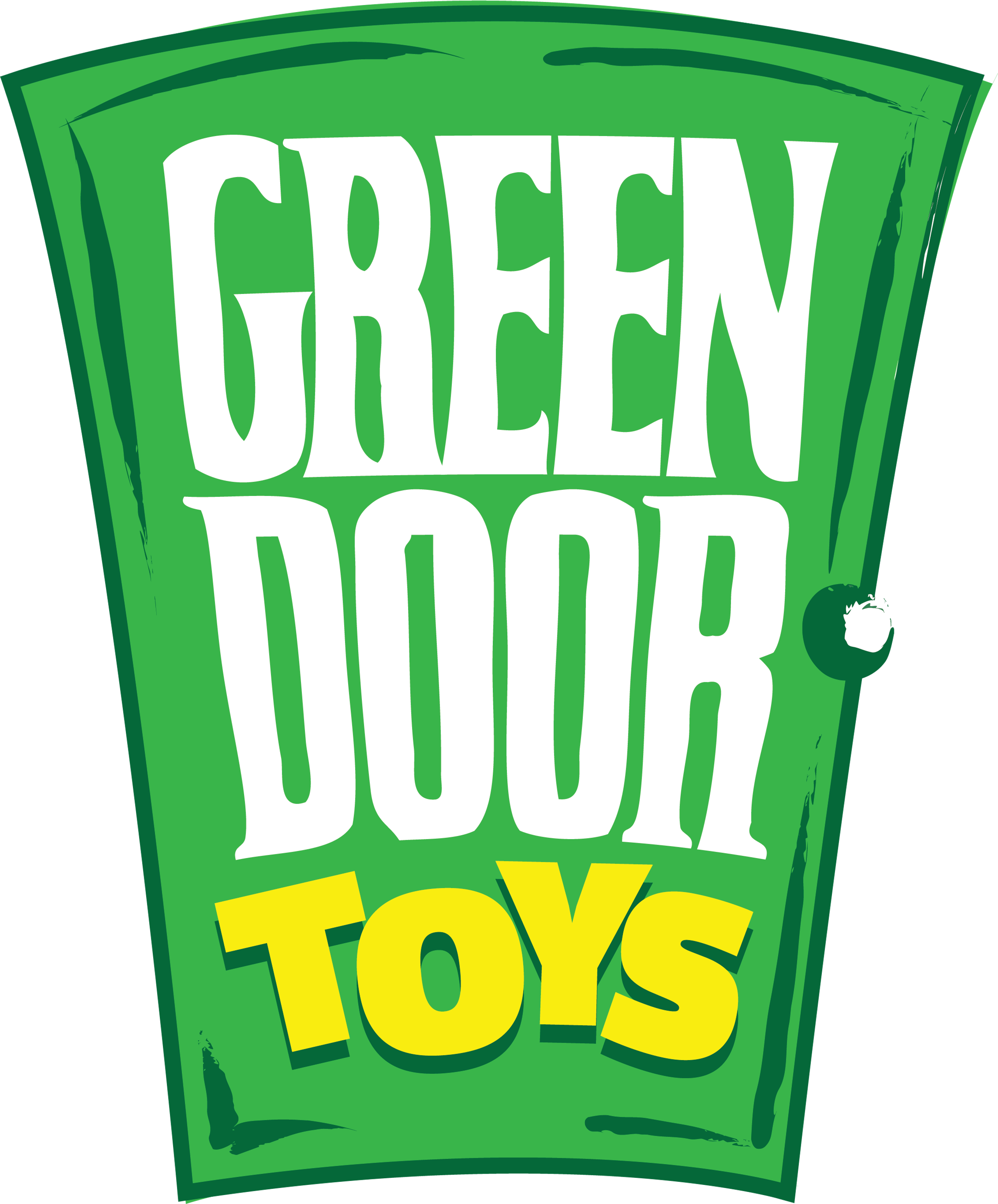 Green Door Toys logo — hand-lettered white and yellow type on a green door shape.