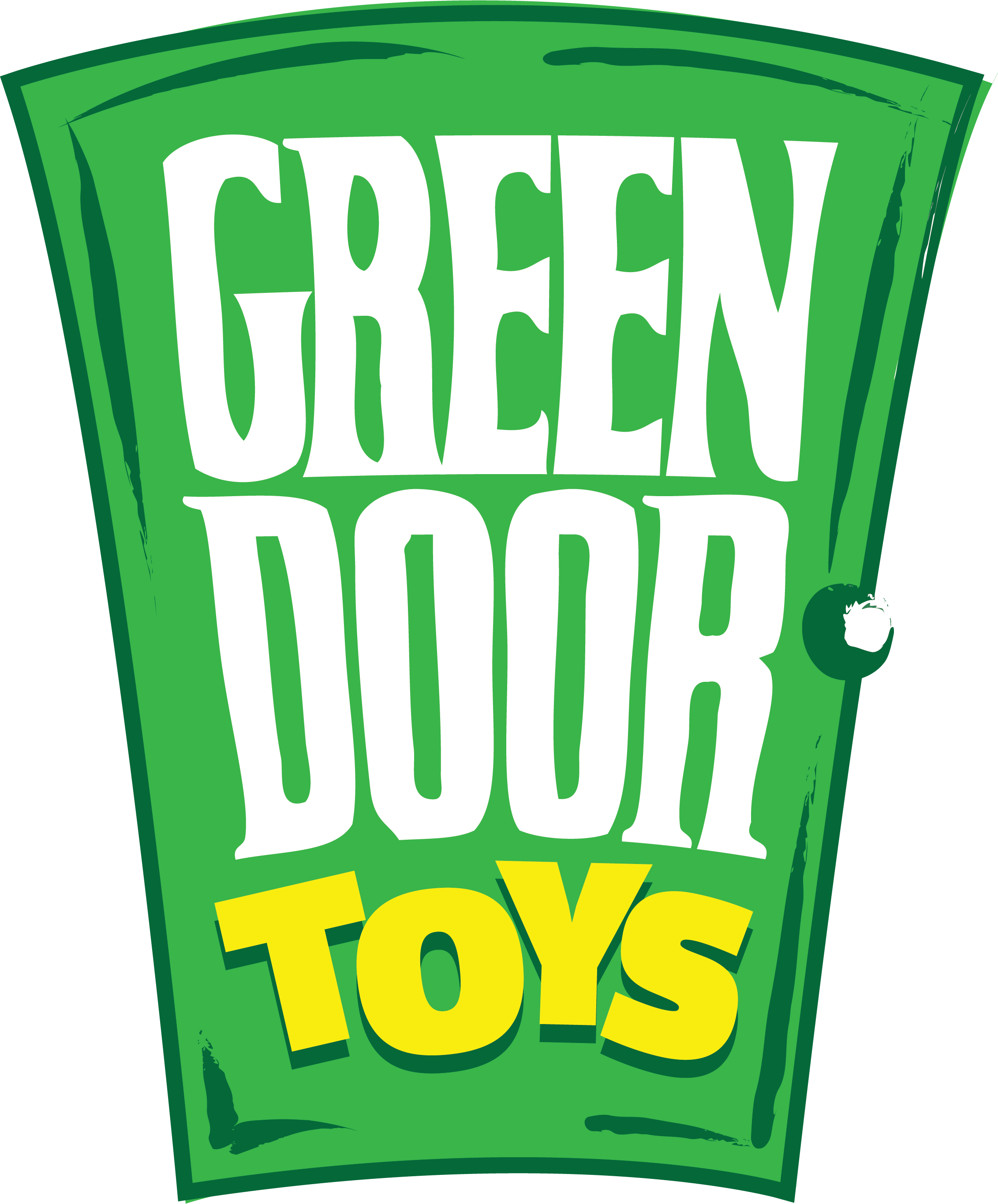 Green Door Toys logo — hand-lettered white and yellow type on a green door shape.
