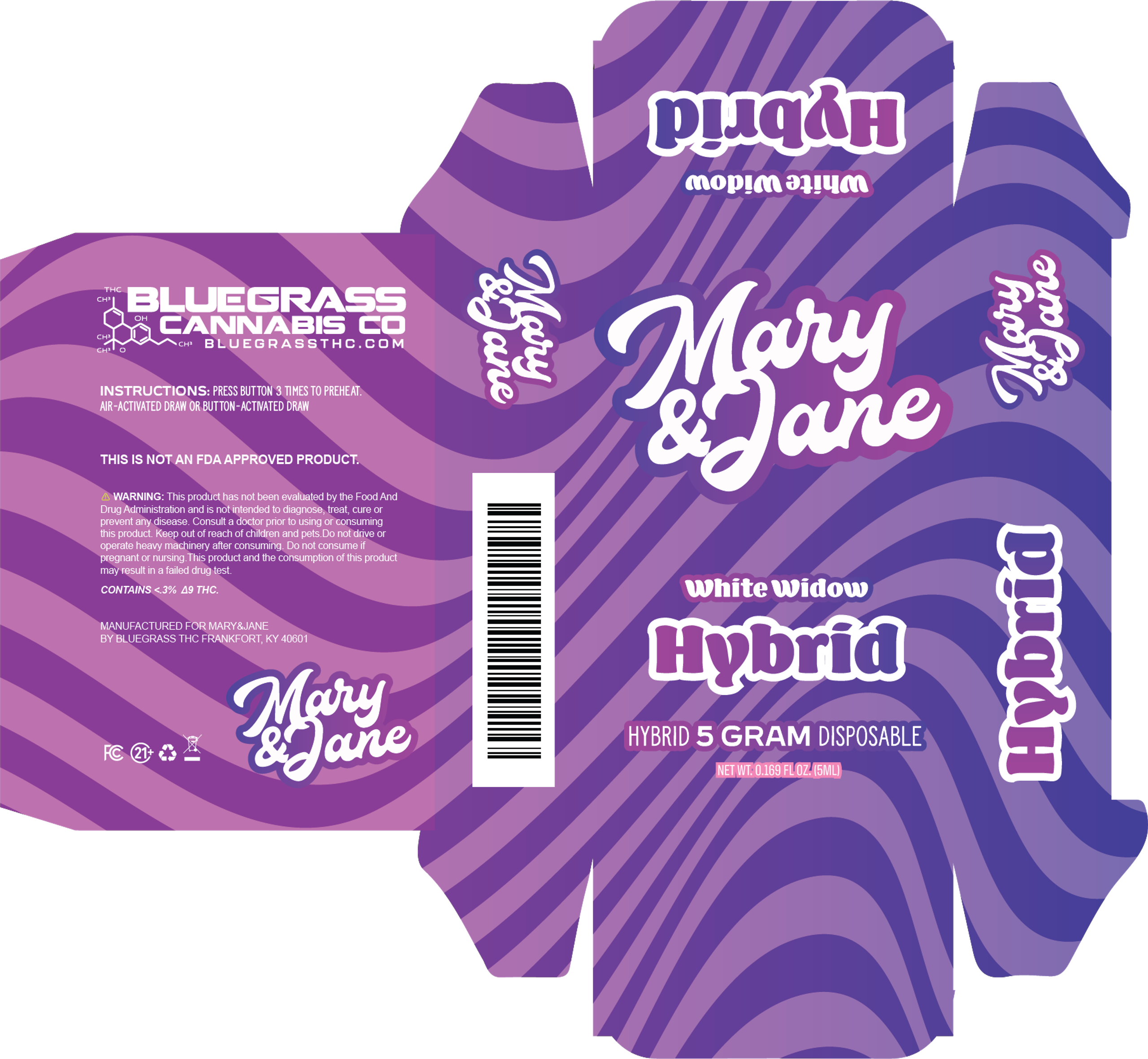 Mary & Jane five-gram disposable carton dieline, White Widow hybrid — script logo over purple wave bands.