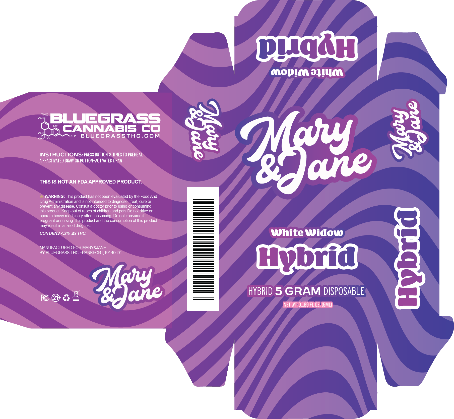 Mary & Jane five-gram disposable carton dieline, White Widow hybrid — script logo over purple wave bands.