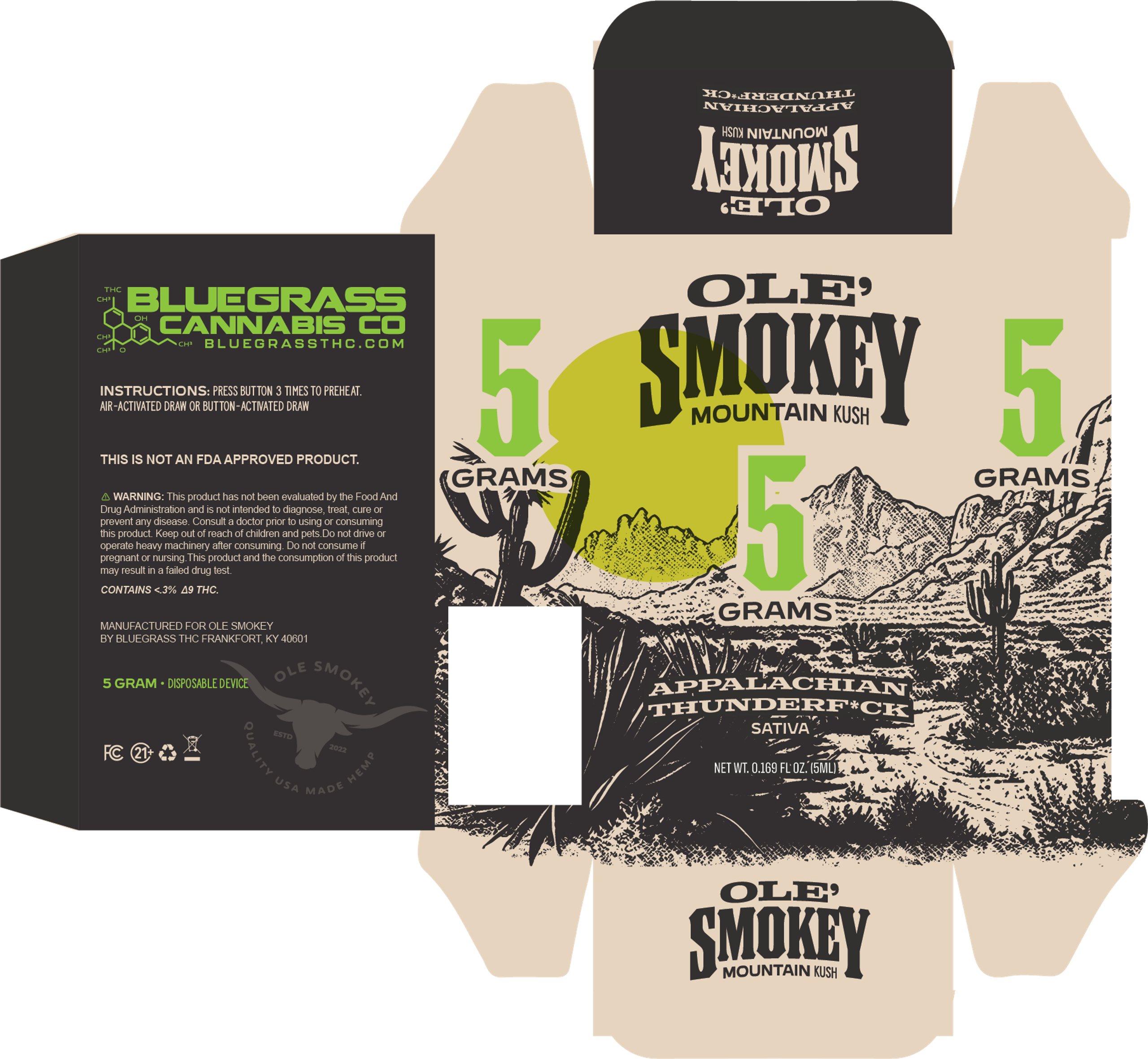 Ole' Smokey Mountain Kush five-gram carton dieline, sativa — green numerals over an engraved desert scene.