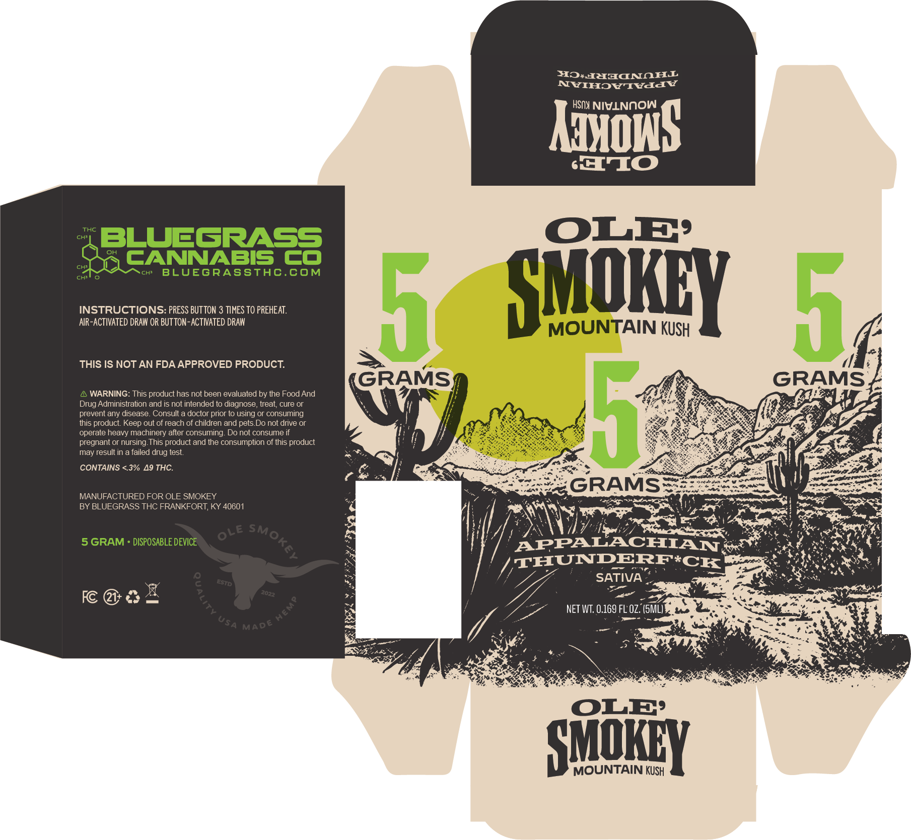 Ole' Smokey Mountain Kush five-gram carton dieline, sativa — green numerals over an engraved desert scene.
