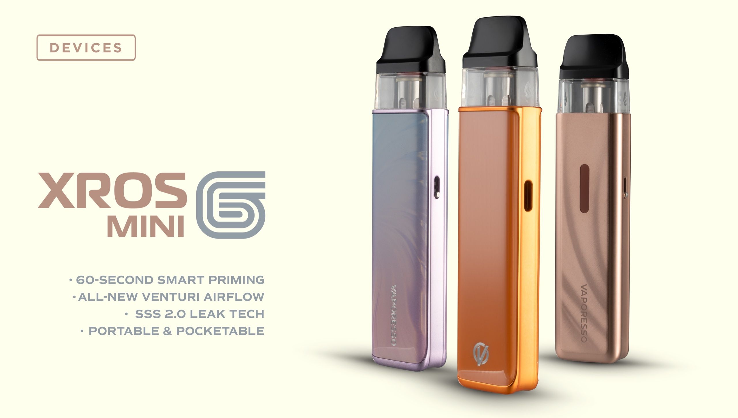 XROS Mini 6 slide — three slim pods standing on cream