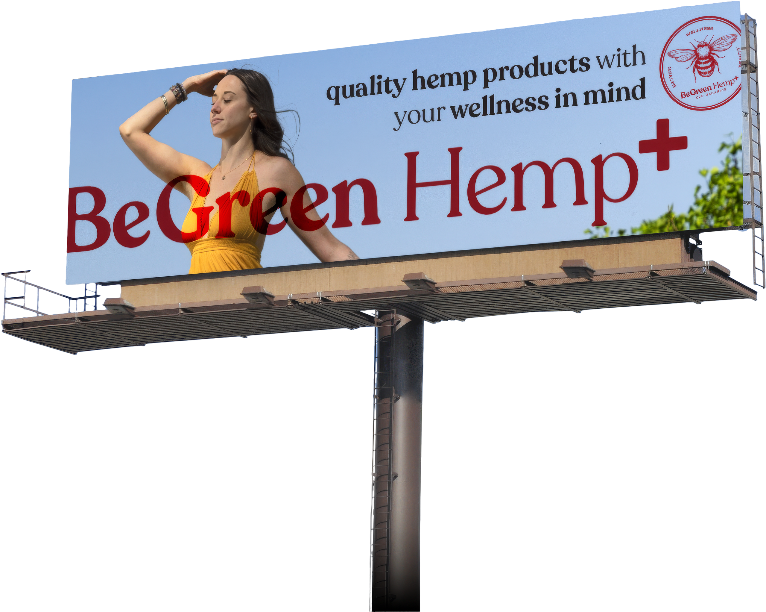 BeGreen Hemp+ billboard mockup — “quality hemp products with your wellness in mind” beside a woman in a yellow dress, cut out on its posts.