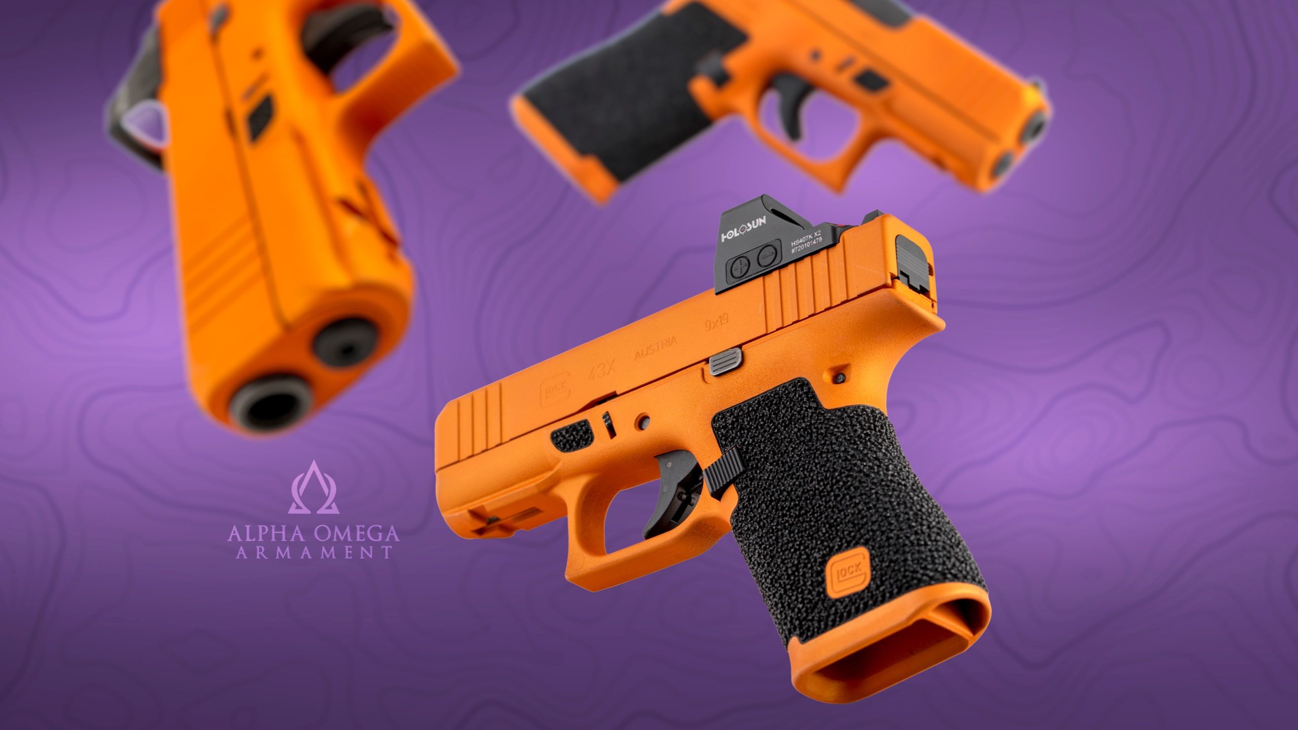 Three burnt-orange Cerakoted Glock 43x pistols floating over a purple topographic contour field with the Alpha Omega Armament mark