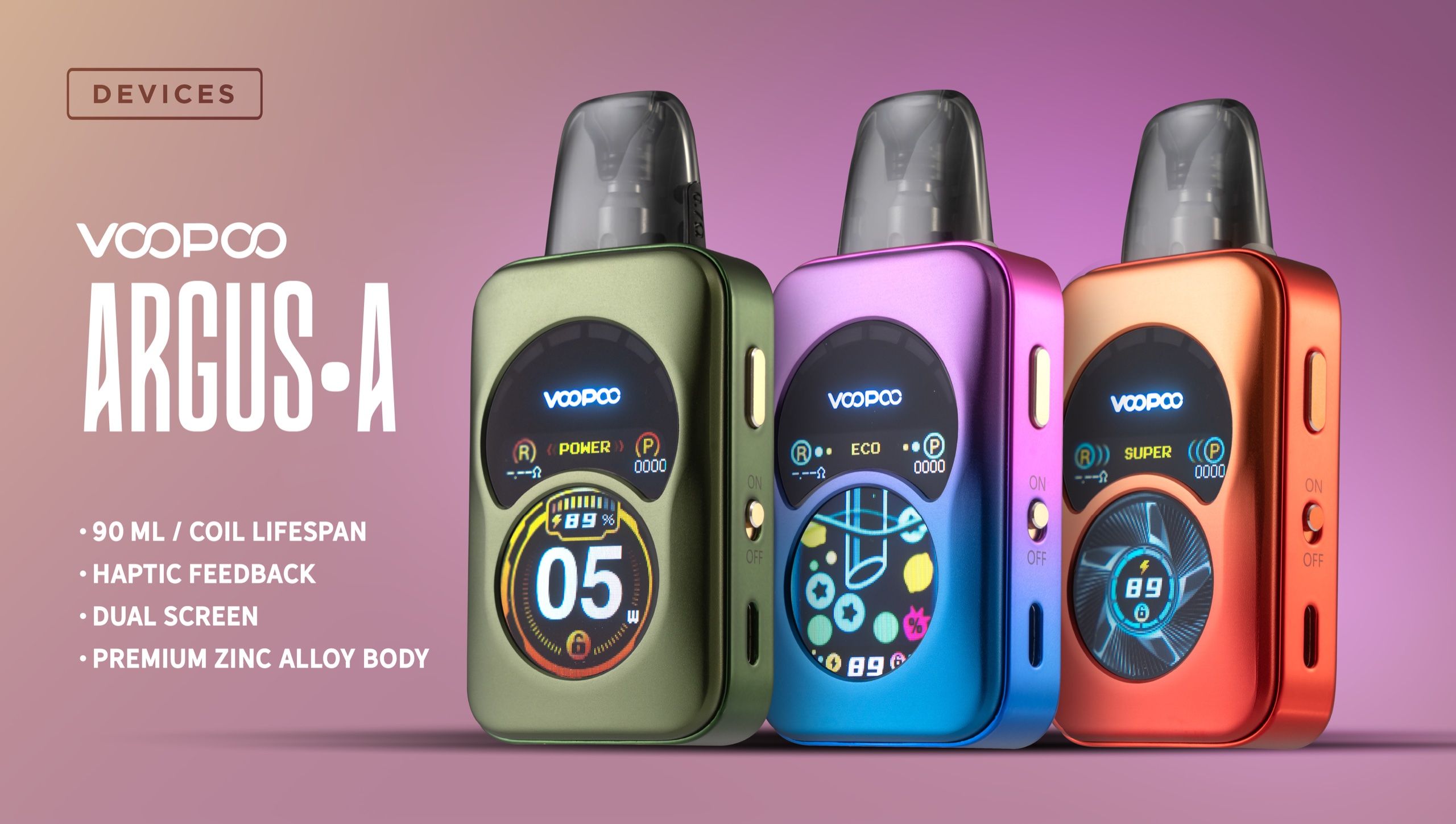 VOOPOO Argus-A slide — three dual-screen pods on a violet-to-red fade