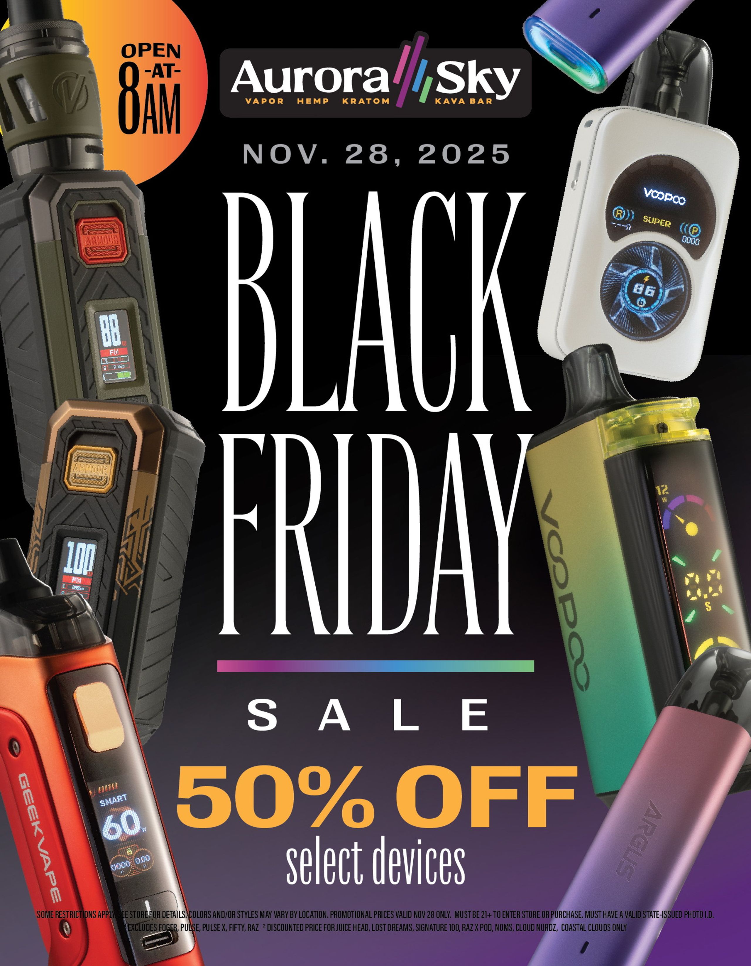 Aurora Sky Black Friday sale poster, portrait — 50% off select devices with mods and pods angled around the type.