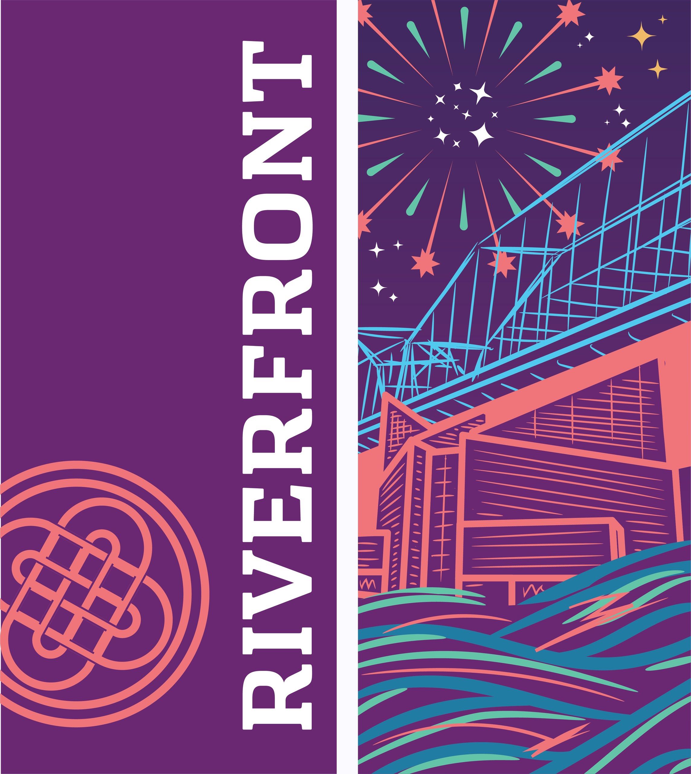 Riverfront concept 2 — banner pair in the specified purple: fireworks over the bridge and aquarium, with the circular Cherokee element
