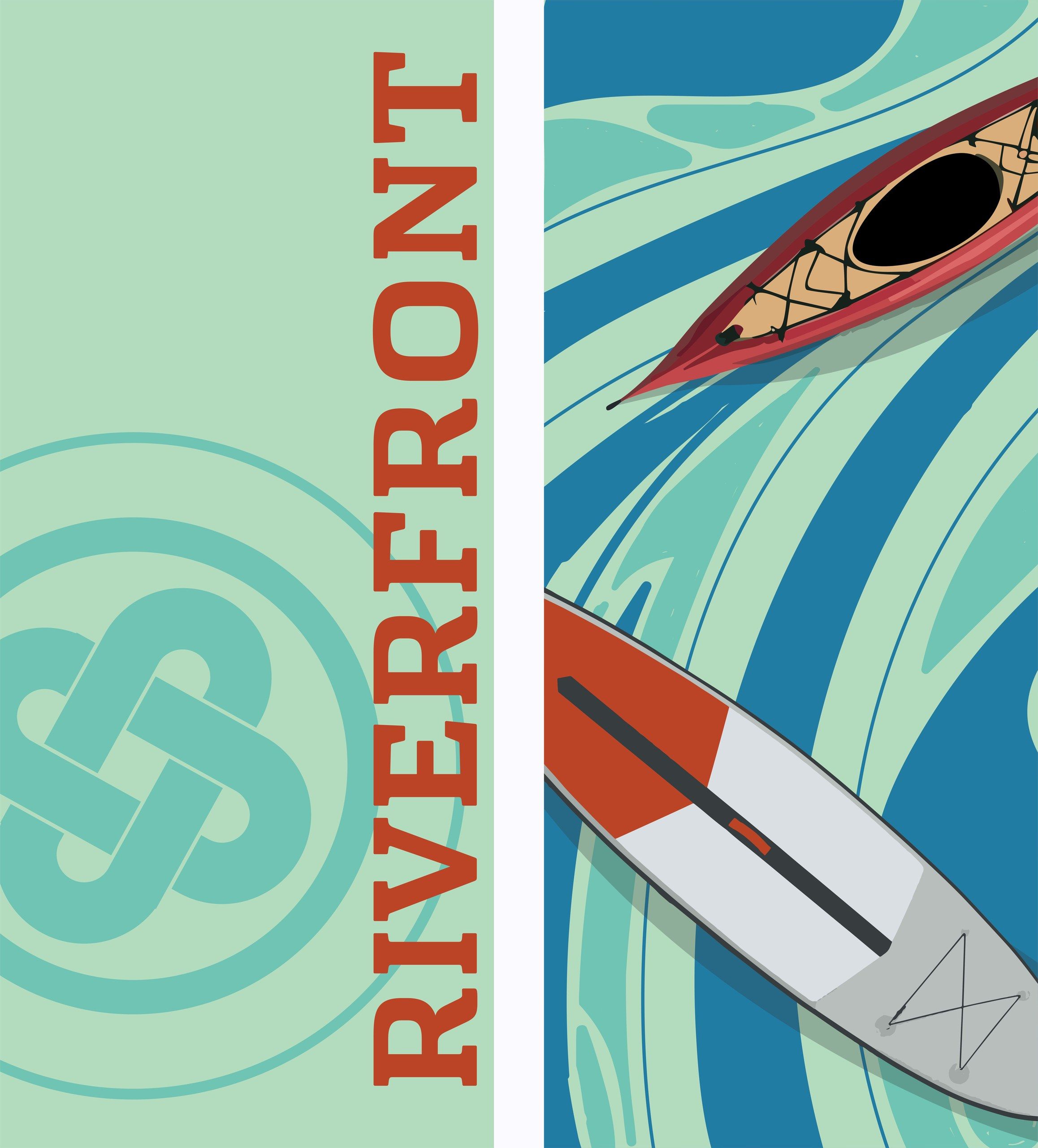 Riverfront concept 1 — kayak and paddleboard banner pair in sage and teal, with the circular Cherokee element