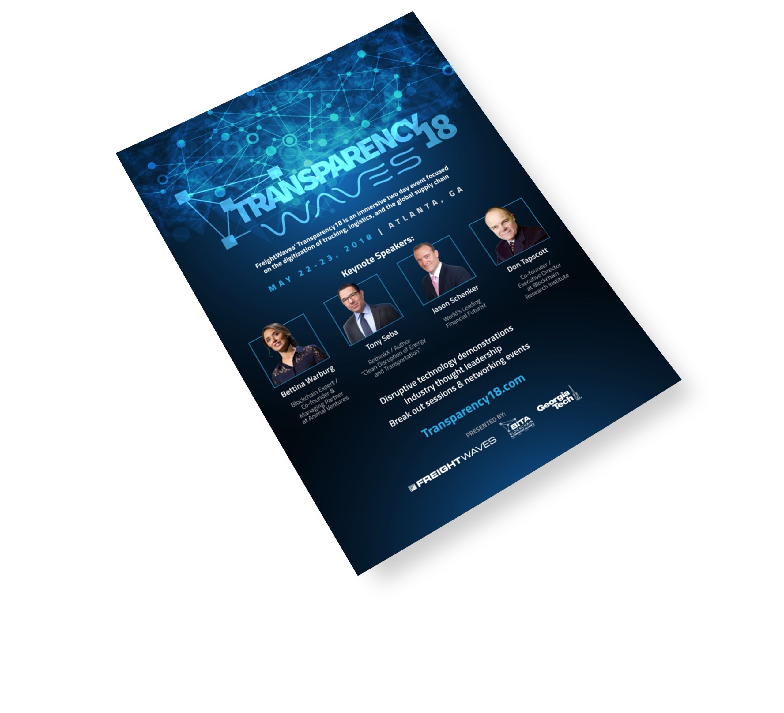 Transparency18 conference flyer mockup — keynote speakers on a navy network field
