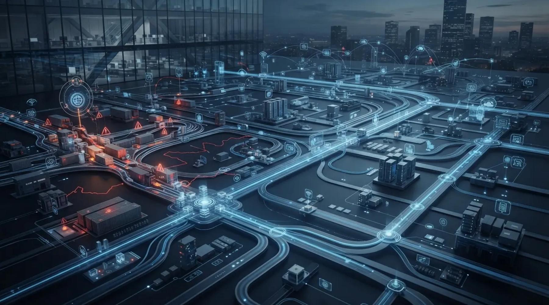 An enterprise operations network showing information moving across interconnected systems and workflow pathways, with visible bottlenecks representing operational friction.