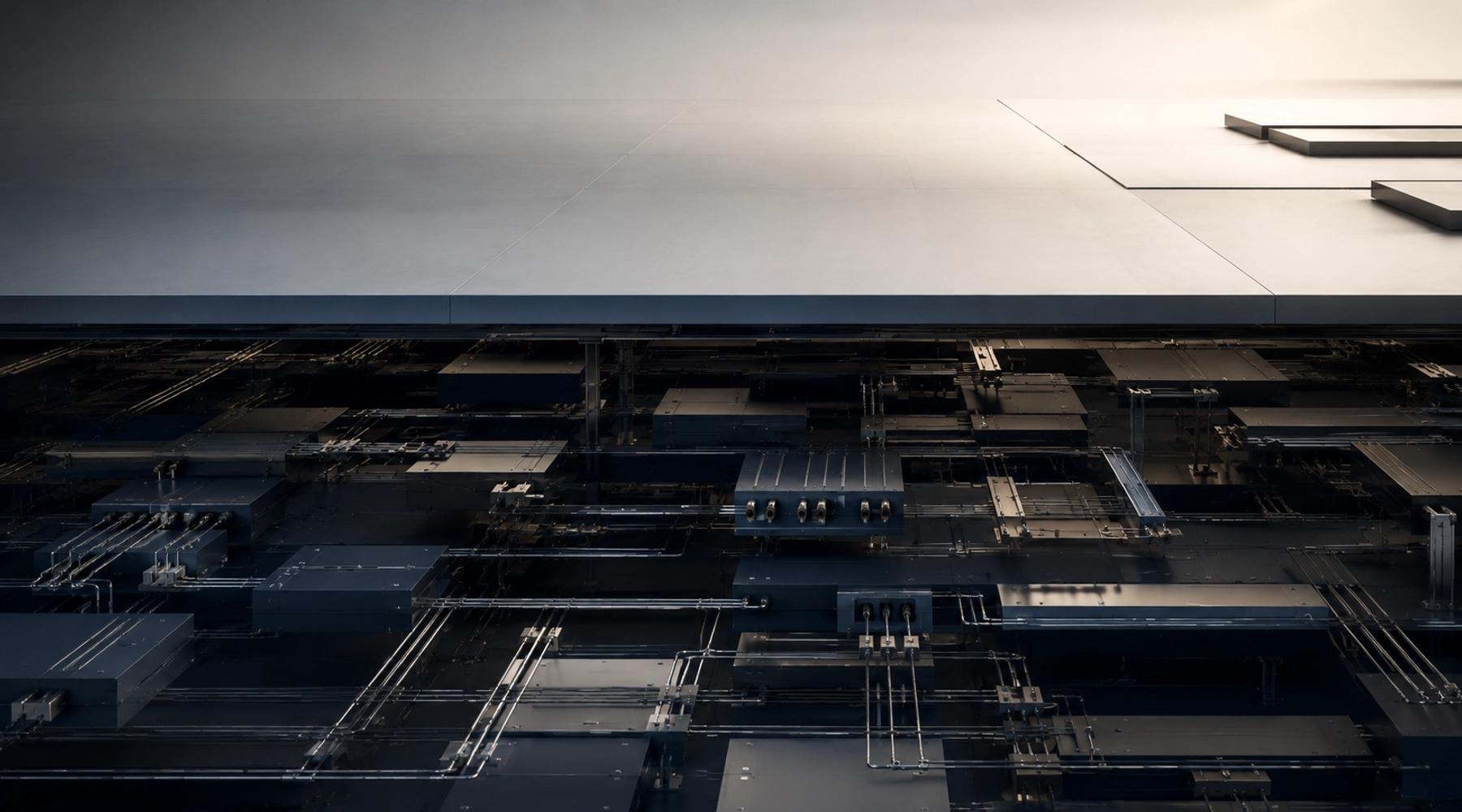A minimal surface supported by a complex network of interconnected infrastructure components beneath it, representing the hidden technology foundation required to support modern enterprise software and AI.