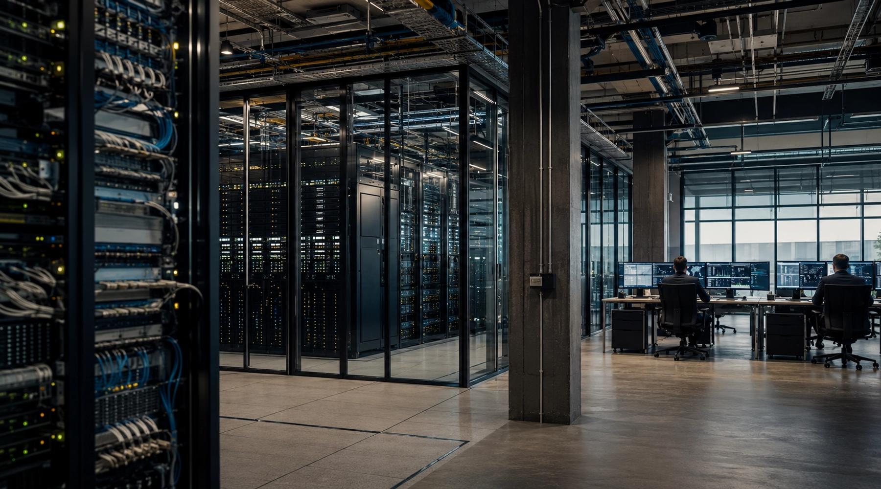 Modern enterprise technology infrastructure with interconnected servers, data systems, and operational networks representing the systems required to move AI from prototype to reliable production.