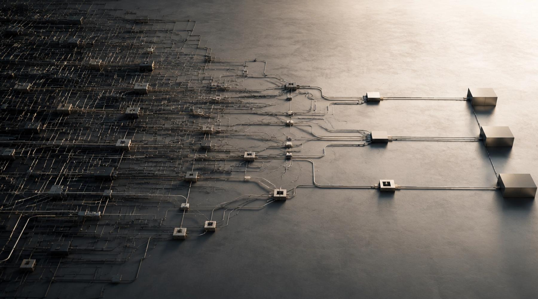 A complex network of interconnected enterprise systems gradually transforming into a simplified, organized structure, representing the journey from operational complexity to clarity and scalable technology infrastructure.