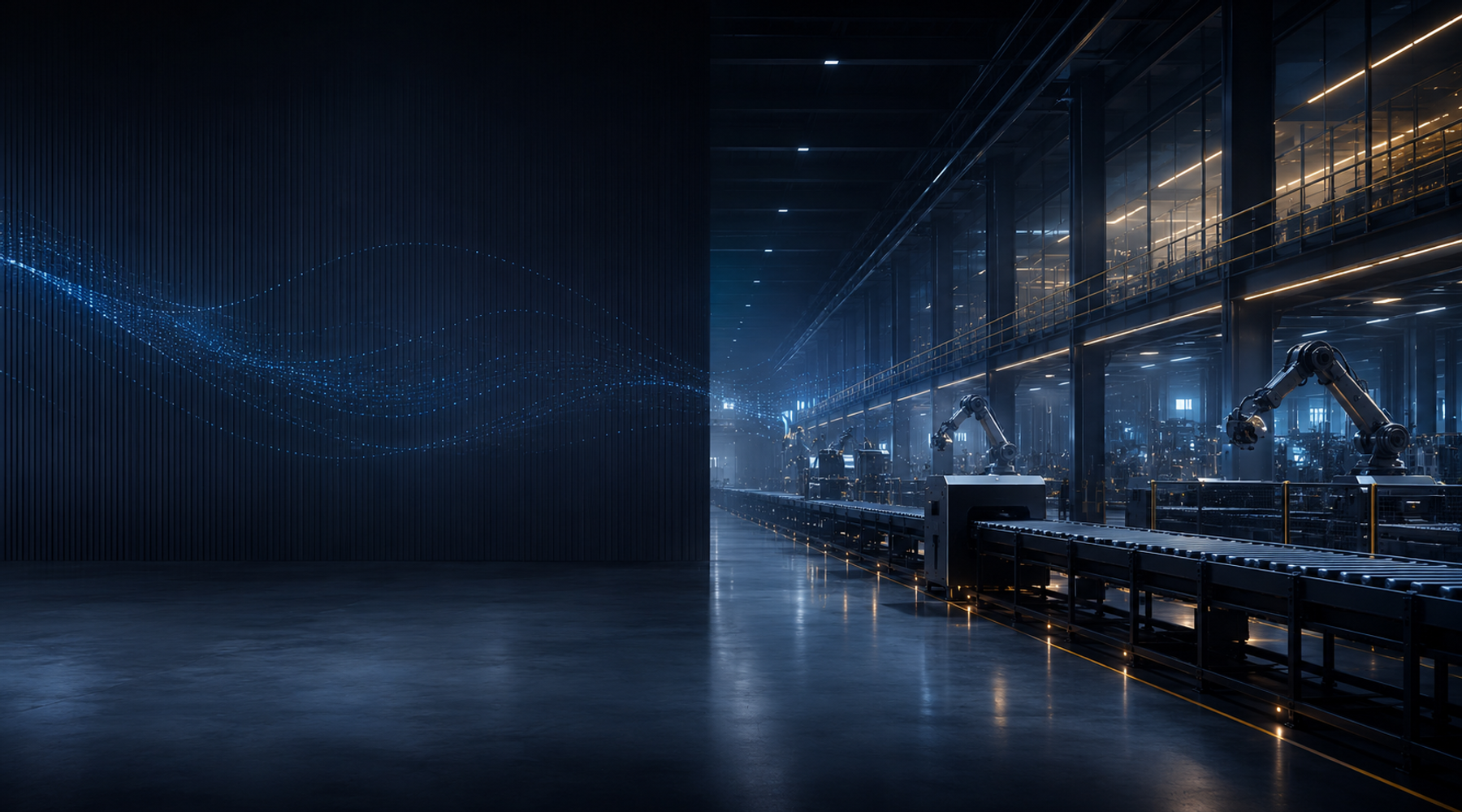Advanced industrial factory interior with robotic arms, conveyor systems, reflective flooring, and a subtle blue data-flow visualization representing connected AI operations.