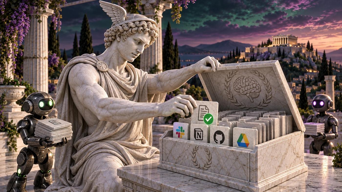 Bílý mramorový Hermes otevírá schránku paměti a vytahuje destičku dokumentu se zelenou značkou dokončení. Uvnitř jsou uspořádané záznamy a symboly aplikací, po stranách stojí tmaví kovoví roboti. Antické sloupy a vzdálený chrám doplňuje zelenofialová večerní obloha.