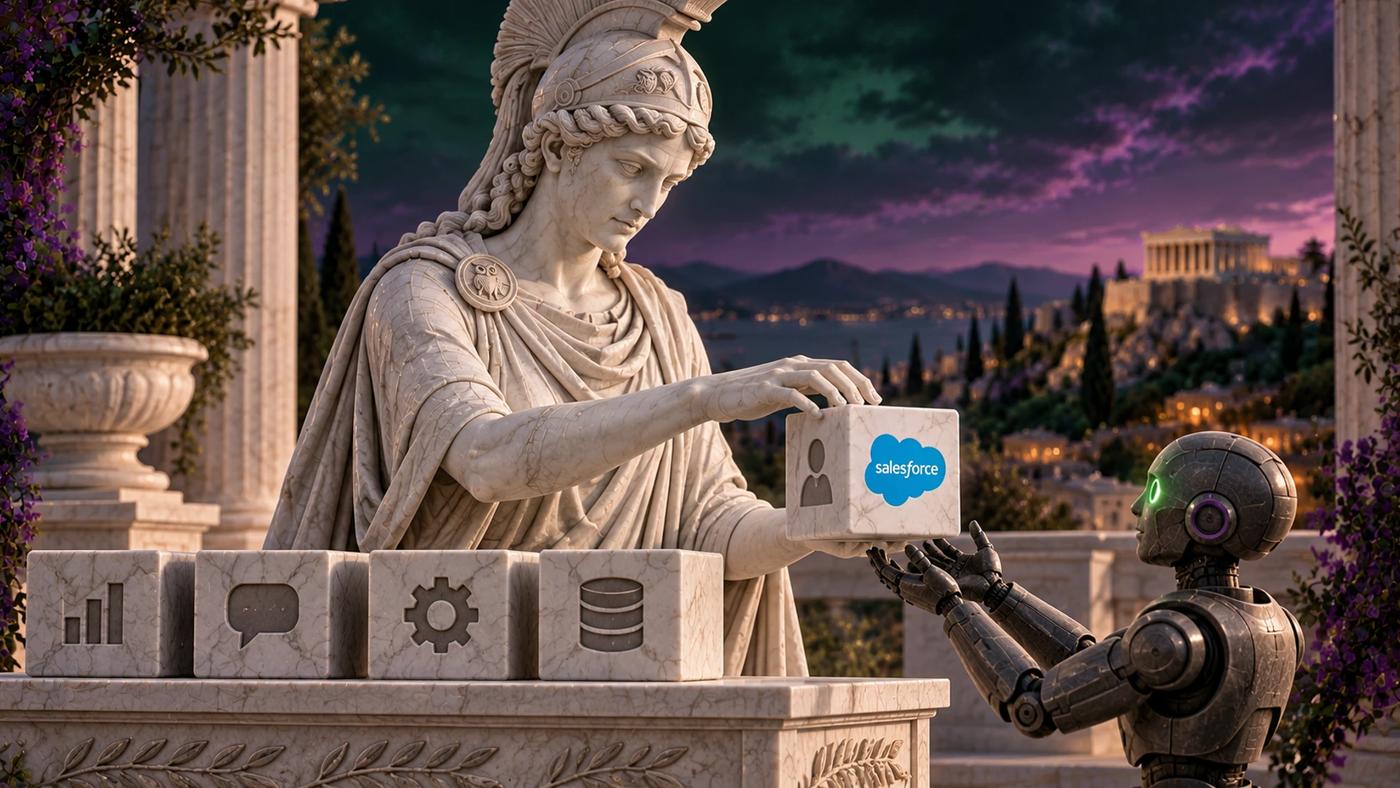 Bílá mramorová Athéna předává menšímu grafitovému robotovi kostku s logem Salesforce. Vedle leží moduly se symboly firemních úloh; antické sloupy a chrám v pozadí doplňuje zelenofialová večerní obloha.