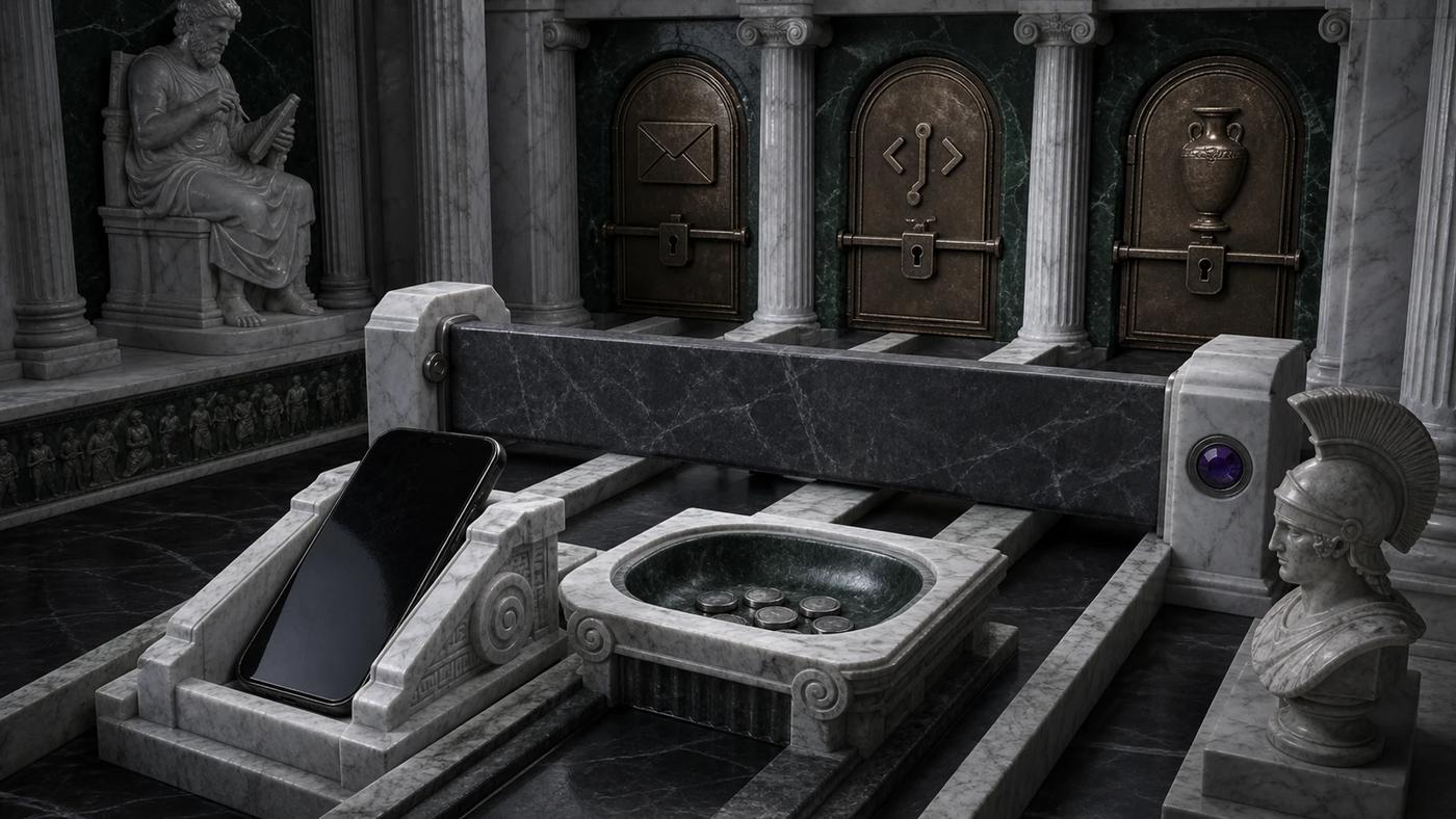 Obsidiánová mobilní destička v antické chrámové dílně zachycuje nápad, zatímco mohutná mramorová brzda blokuje cestu k odeslání zprávy, sloučení kódu a změně dat.