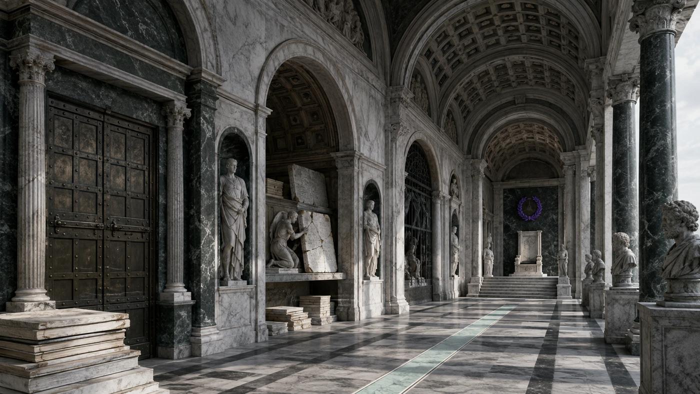 Monumentální římská bazilika vede prázdné mramorové desky dlouhou cestou od archivu přes několik kontrolních prostorů až k tribunálu, zatímco scénu sledují pouze kamenné sochy a reliéfy.