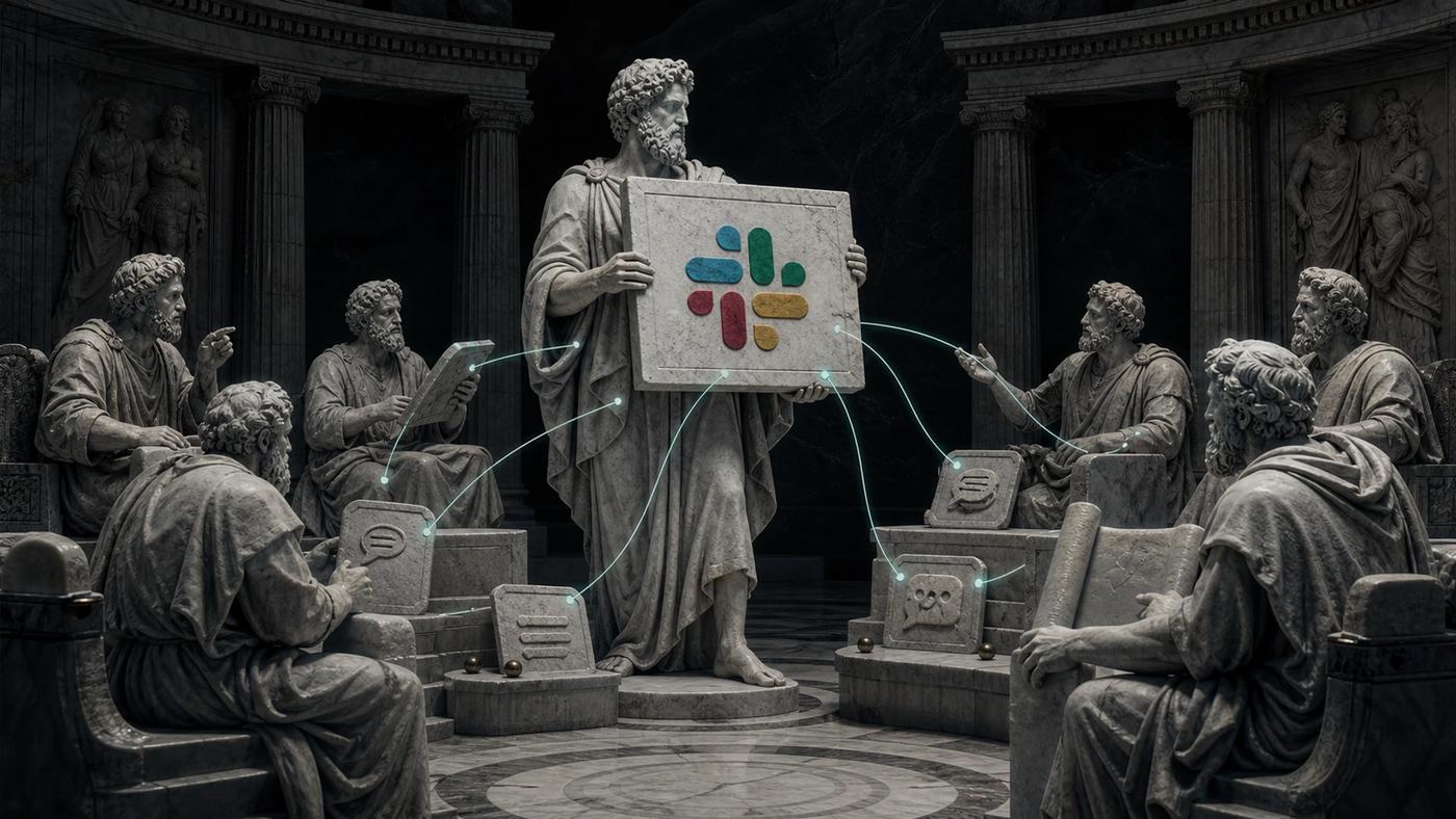Když agent sedí ve Slacku, mění se tempo práce - editorialni ilustrace evaluaci AI agentu