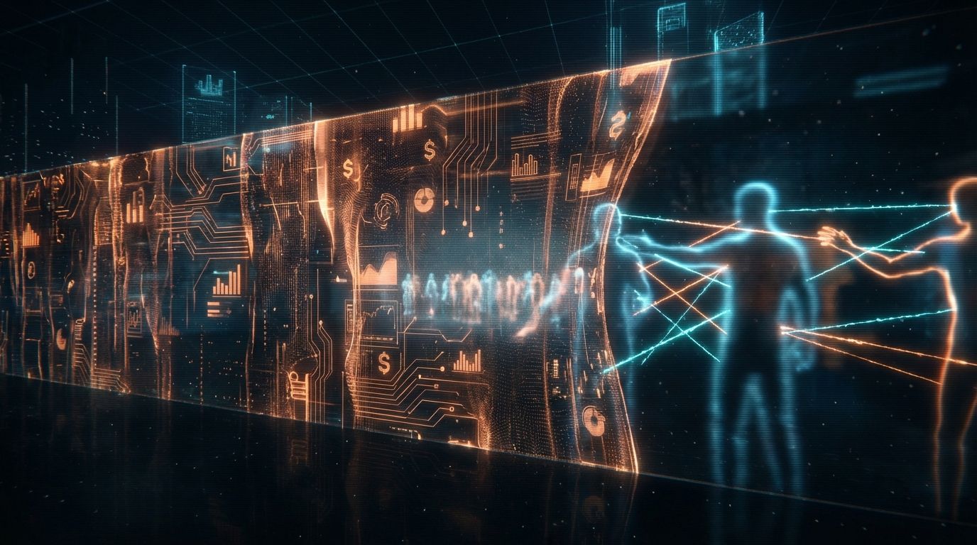 Human silhouettes fading behind a wall of cascading financial data, relationship connections severing