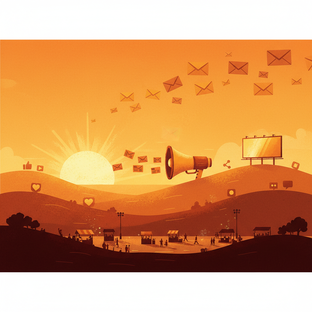 Marketing Hub illustration — envelopes flying like birds across an Another Orange Morning sunrise