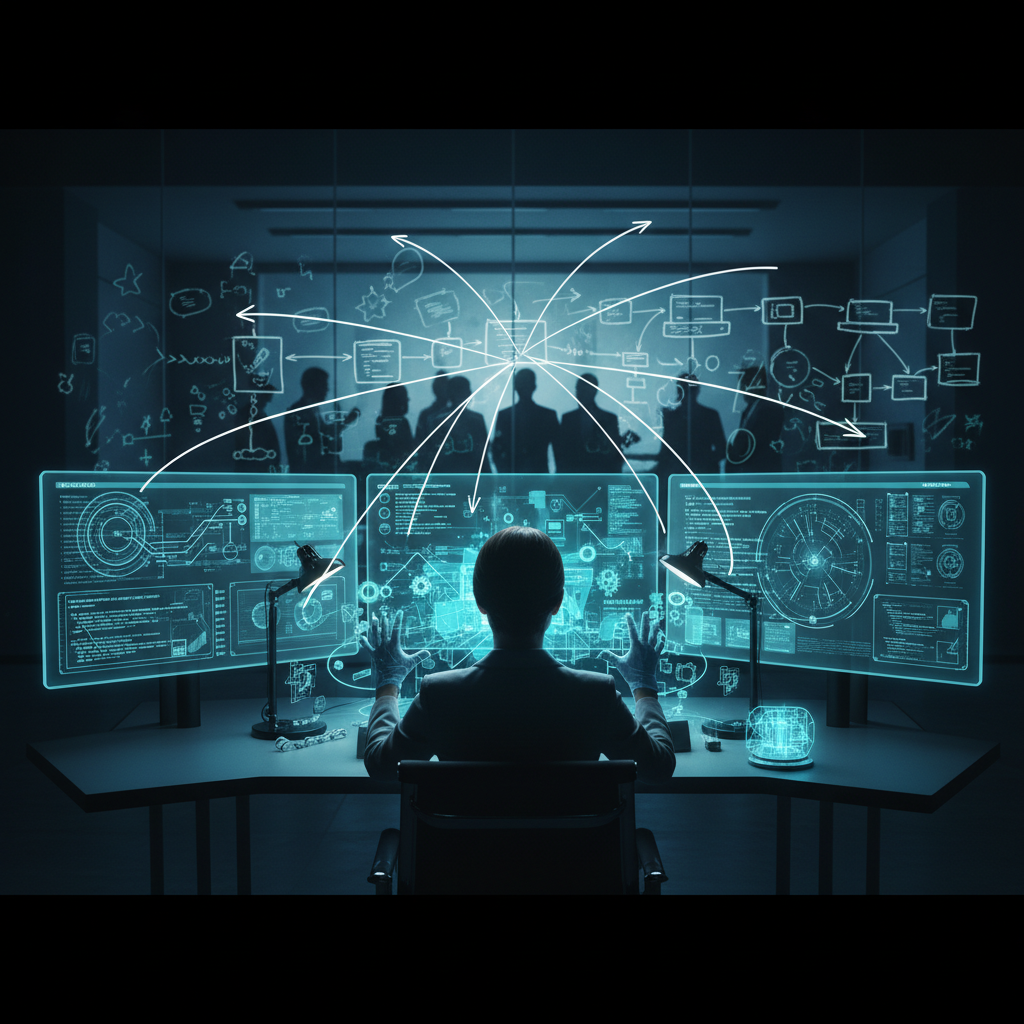 An operations person works at her desk while a planning session behind glass treats her position as a throughput node rather than a person, illustrating how workflow optimization can center the requesting party and erase the worker.