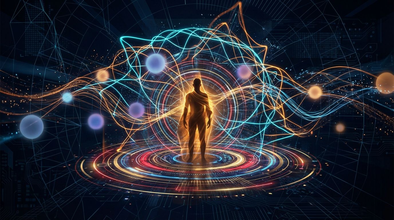 A luminous web of contextual memory threads and relationship understanding surrounding a warm central figure